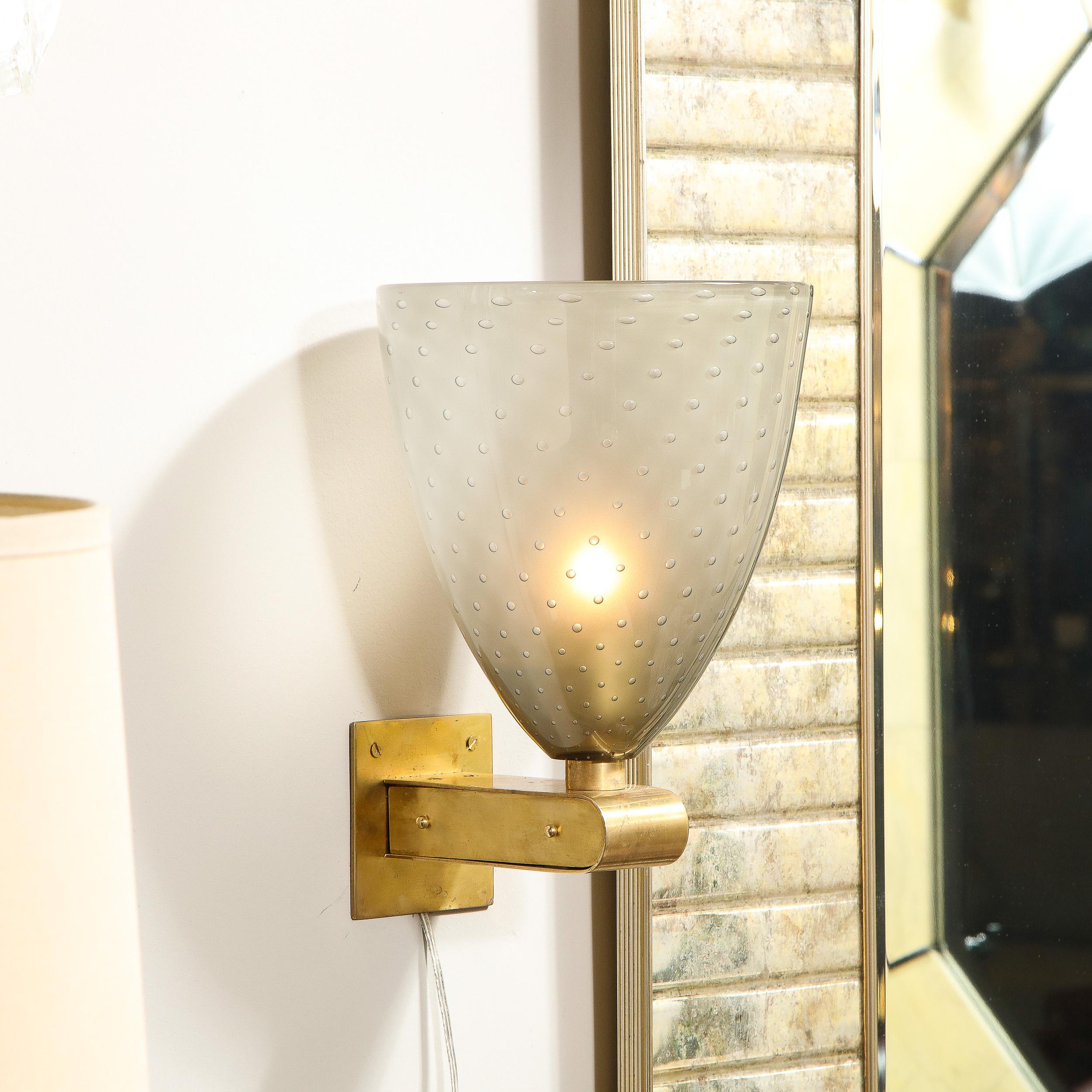 Contemporary Modernist Brass Sconces with Hand Blown Murano Smoked Glass with Murines For Sale