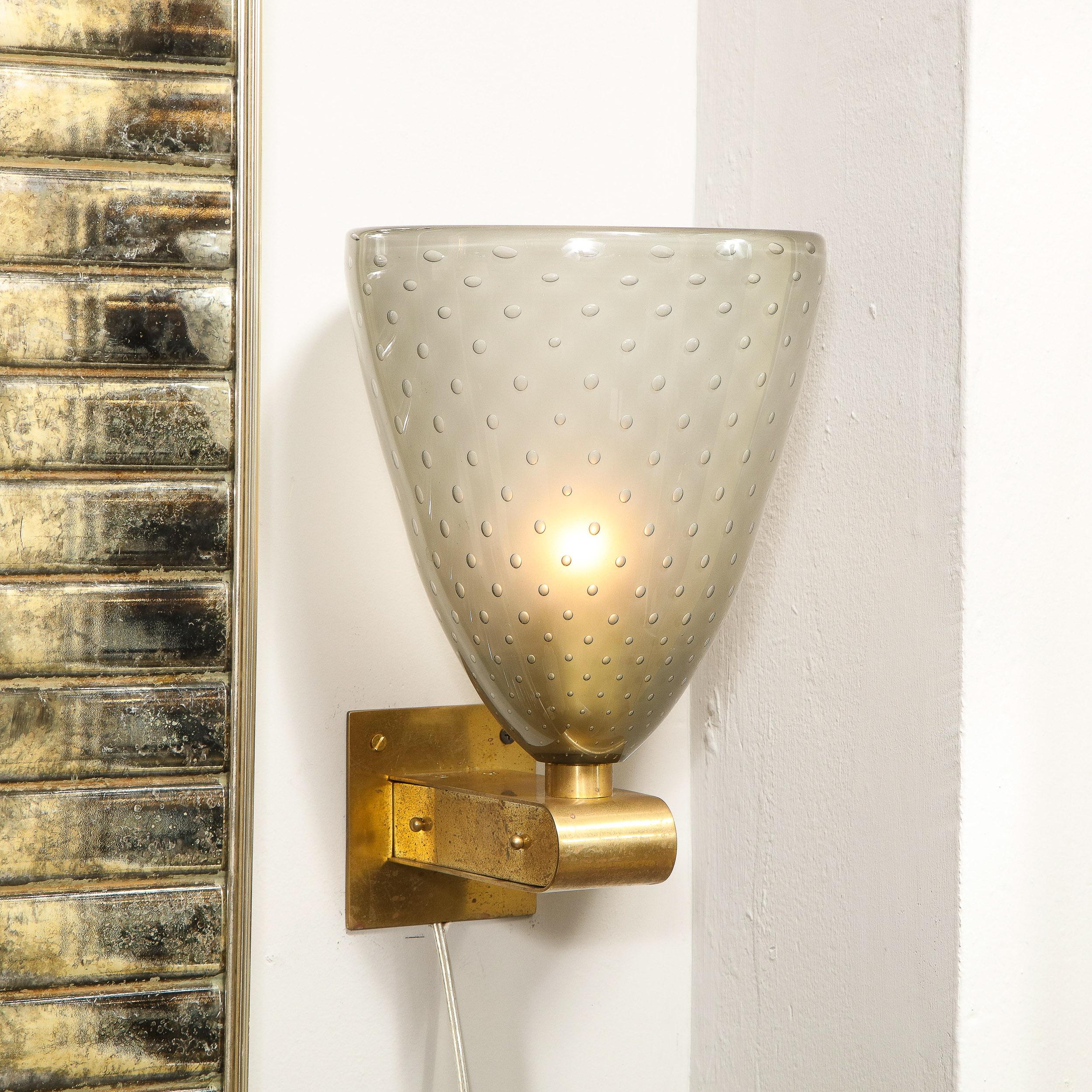 Modernist Brass Sconces with Hand Blown Murano Smoked Glass with Murines For Sale 1