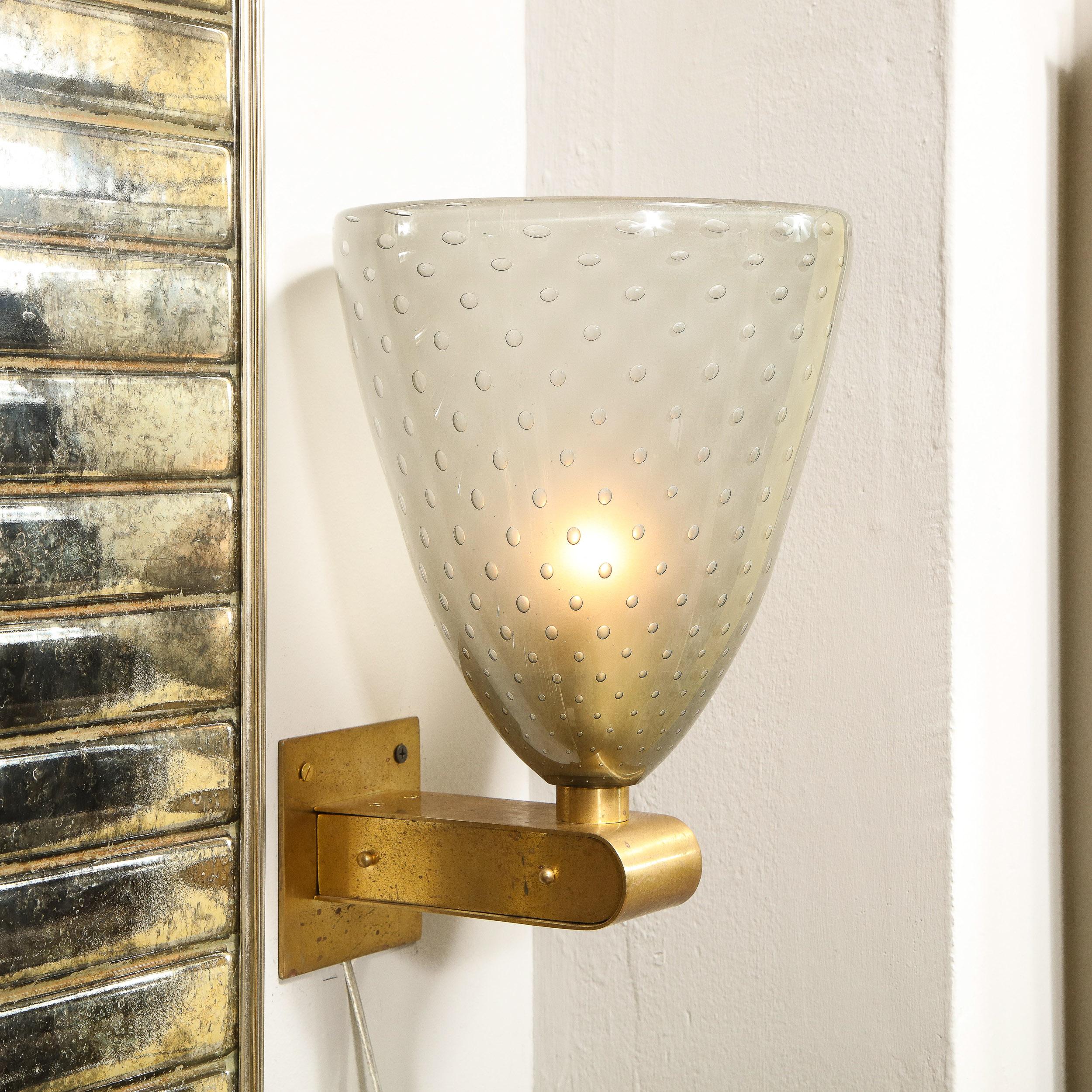 Modernist Brass Sconces with Hand Blown Murano Smoked Glass with Murines For Sale 2
