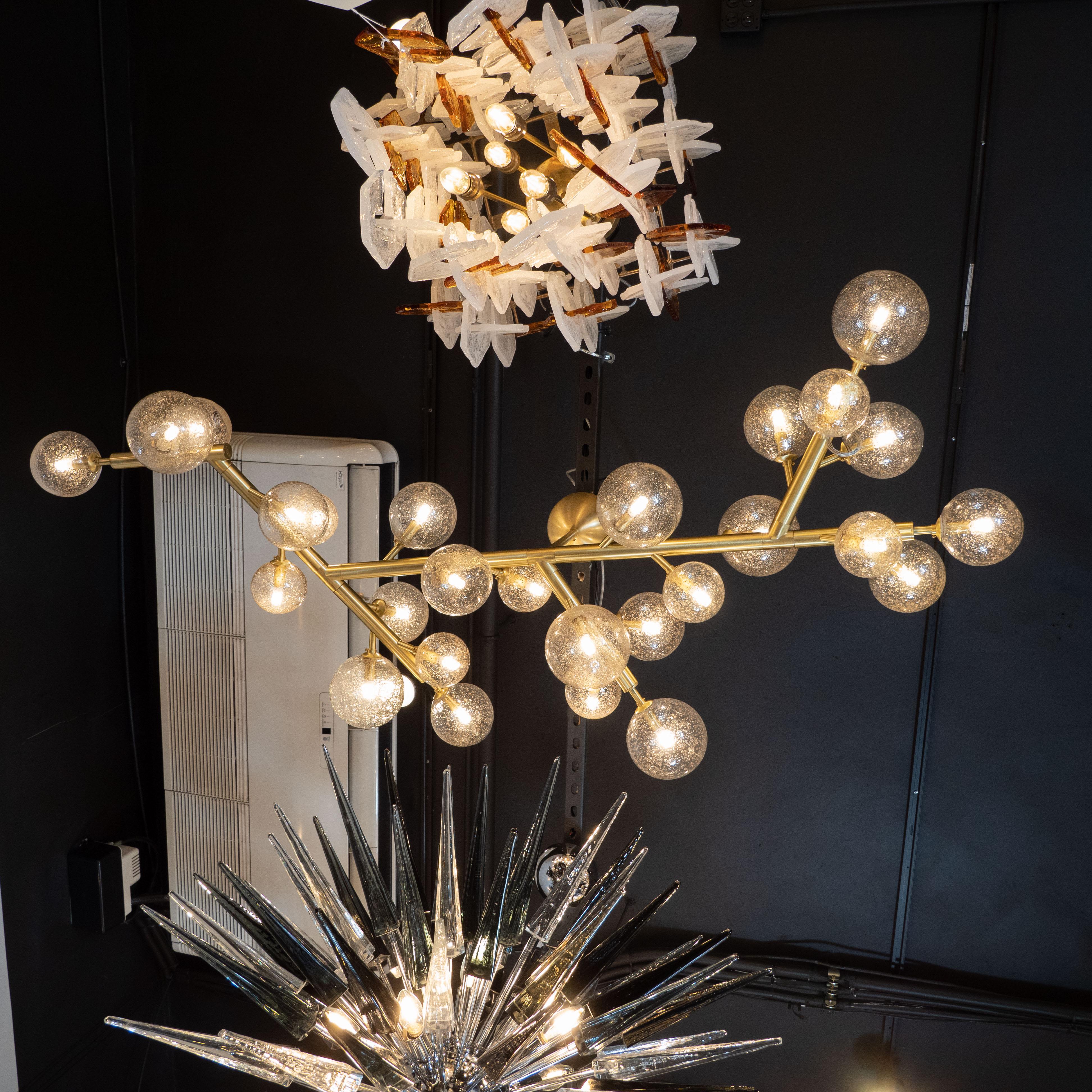 Italian Modernist Brass Snowflake Chandelier with 24-Karat Gold Hand Blown Murano Globes