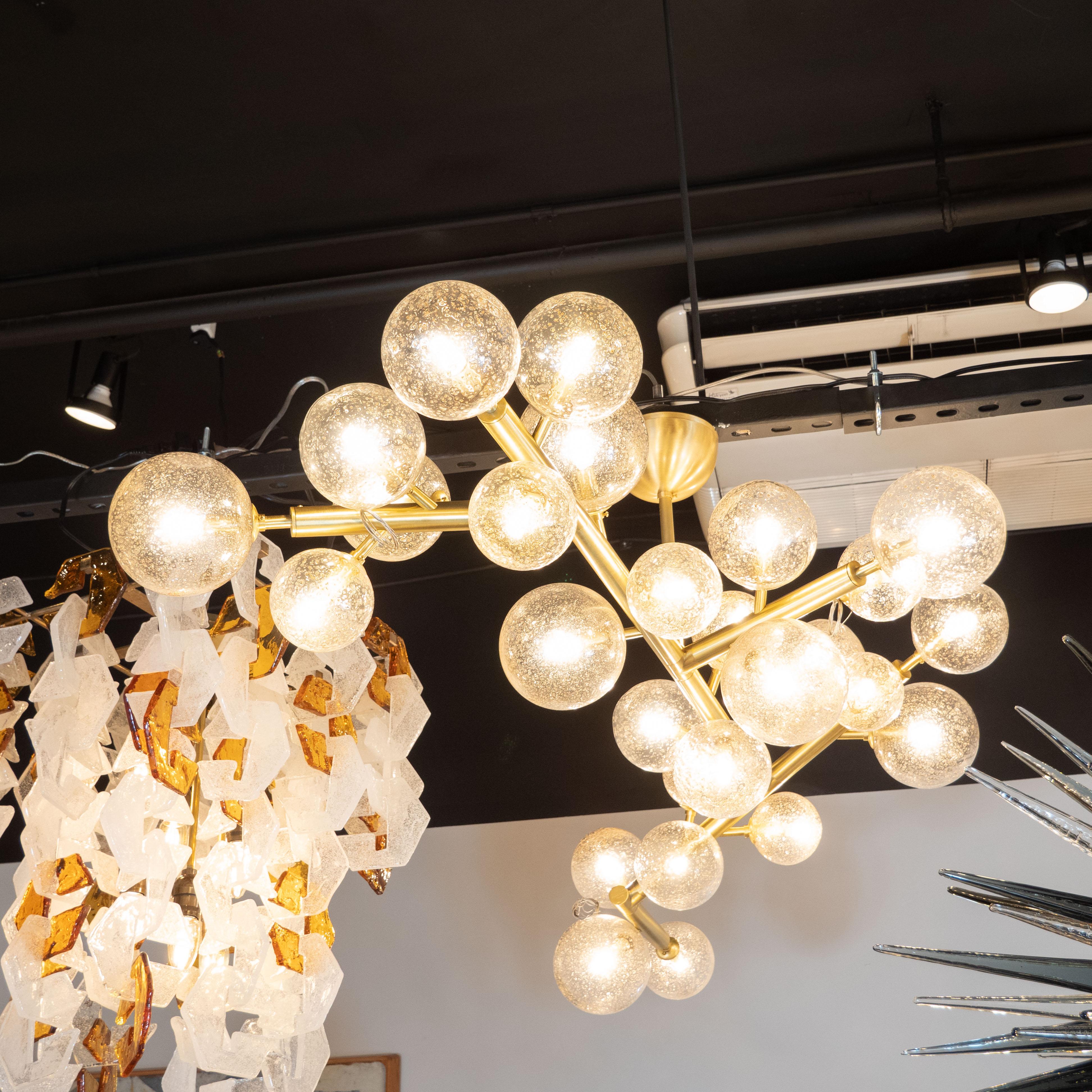Contemporary Modernist Brass Snowflake Chandelier with 24-Karat Gold Hand Blown Murano Globes For Sale