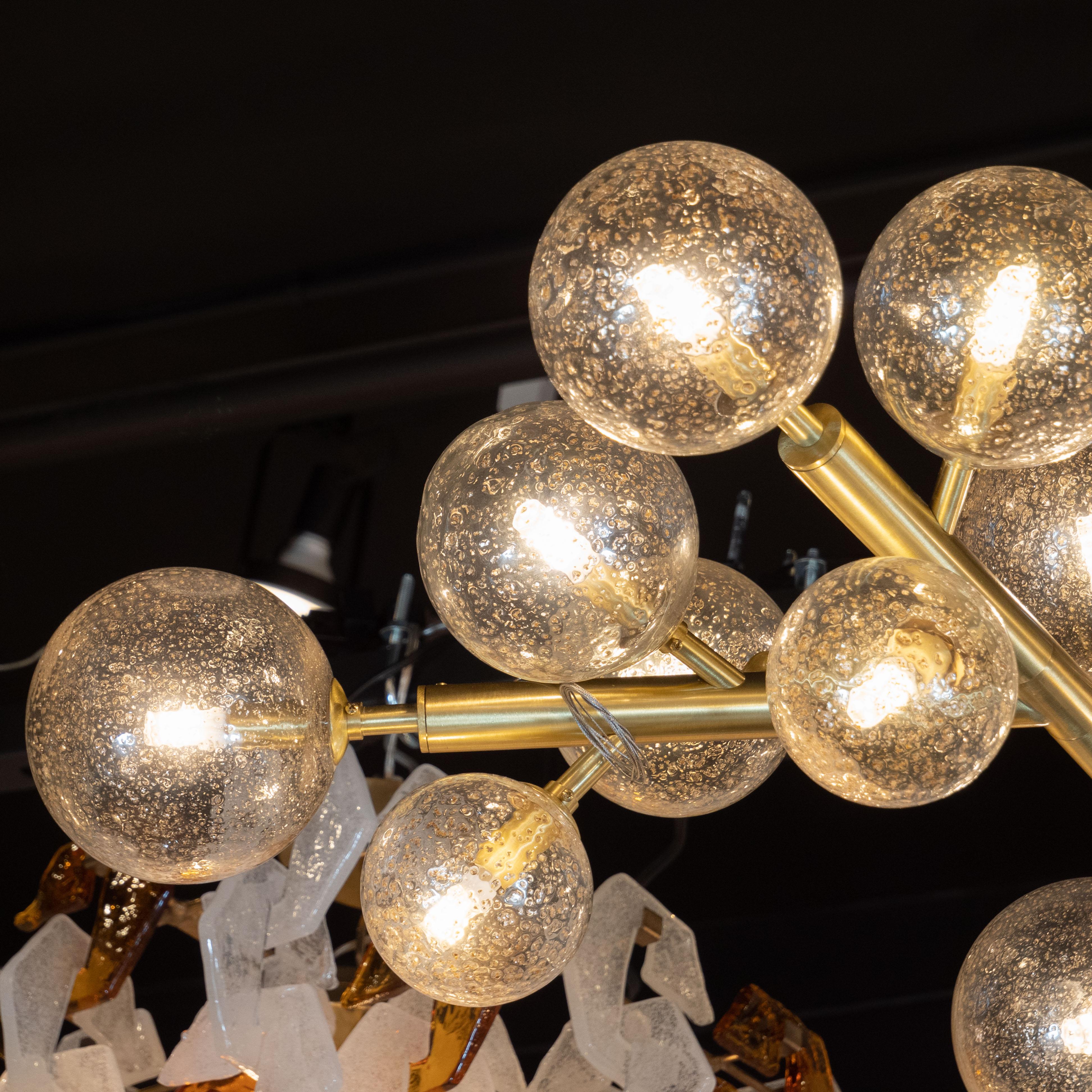 Modernist Brass Snowflake Chandelier with 24-Karat Gold Hand Blown Murano Globes For Sale 1