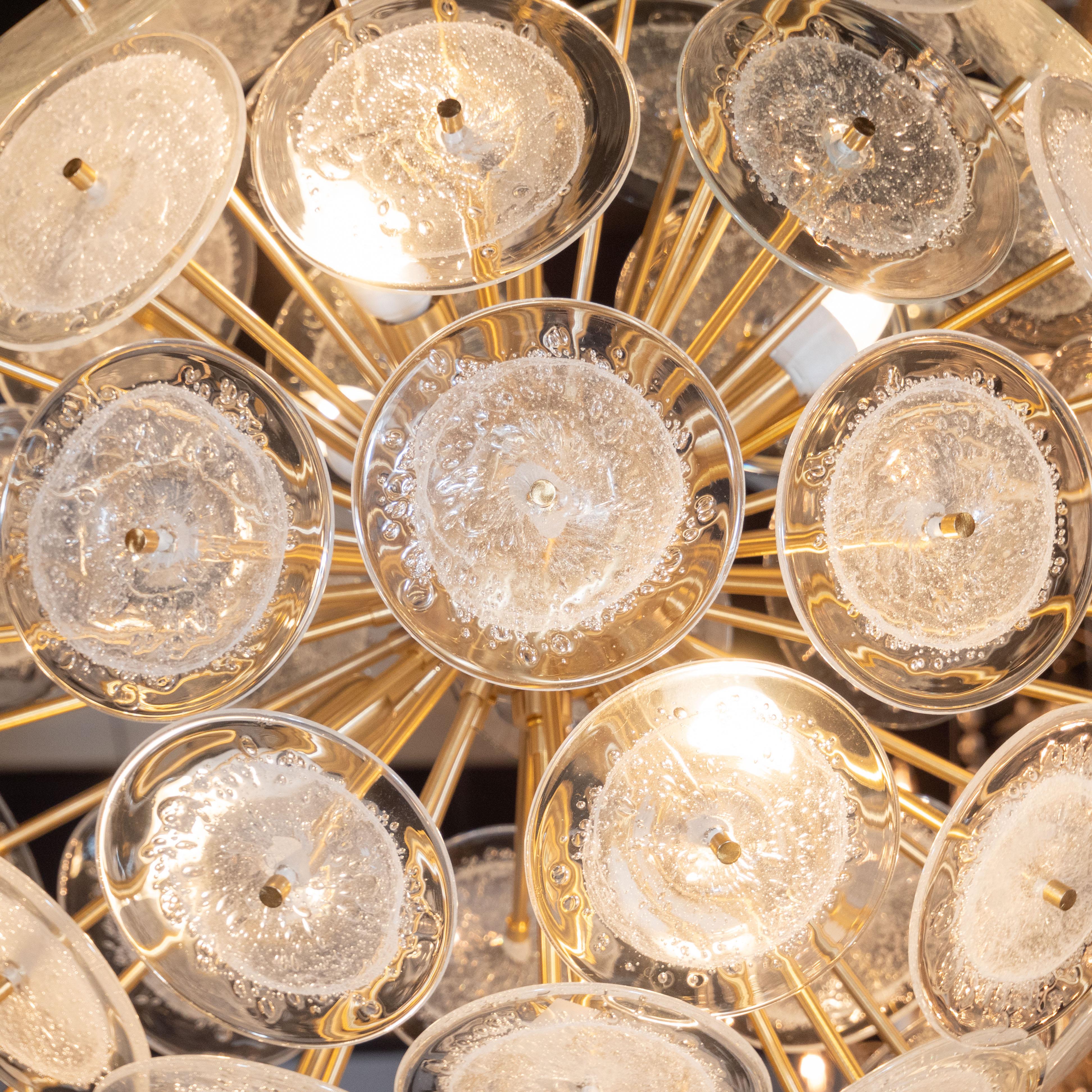 Modernistischer Sputnik-Kronleuchter aus Messing mit mundgeblasenen durchsichtigen Murano-Glasscheiben (Italienisch) im Angebot