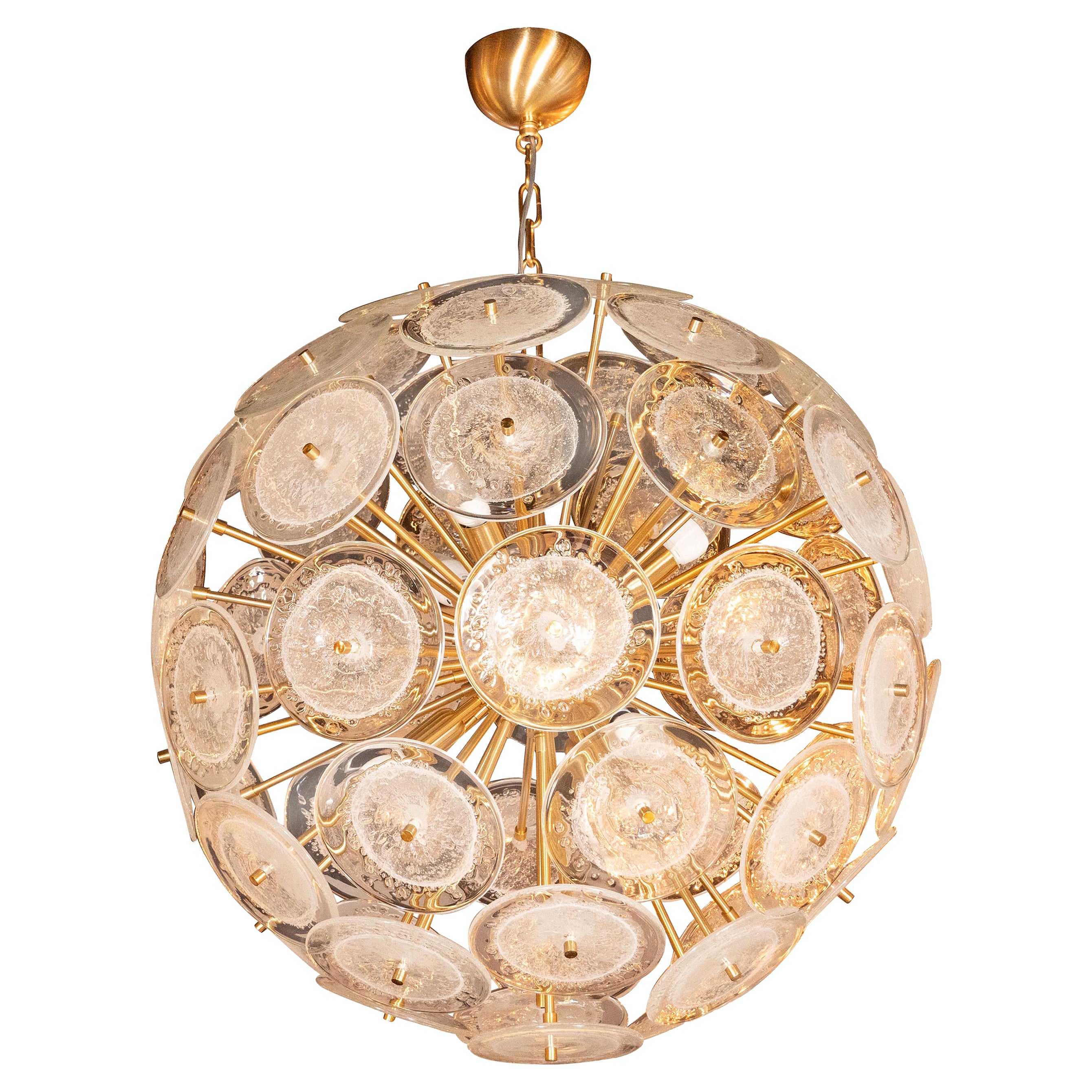 Modernistischer Sputnik-Kronleuchter aus Messing mit mundgeblasenen durchsichtigen Murano-Glasscheiben