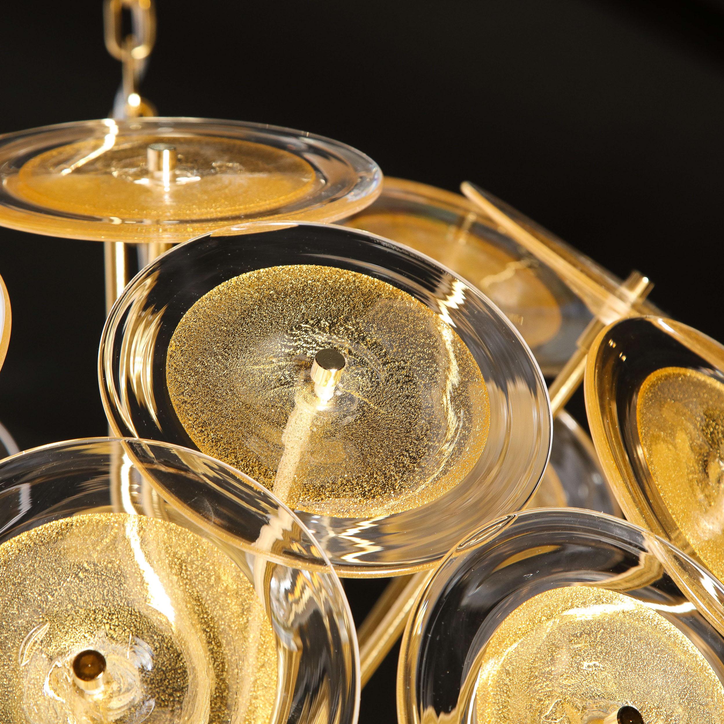 Modernistischer Sputnik-Kronleuchter aus Messing mit mundgeblasenen durchsichtigen Murano-Glasscheiben im Angebot 2
