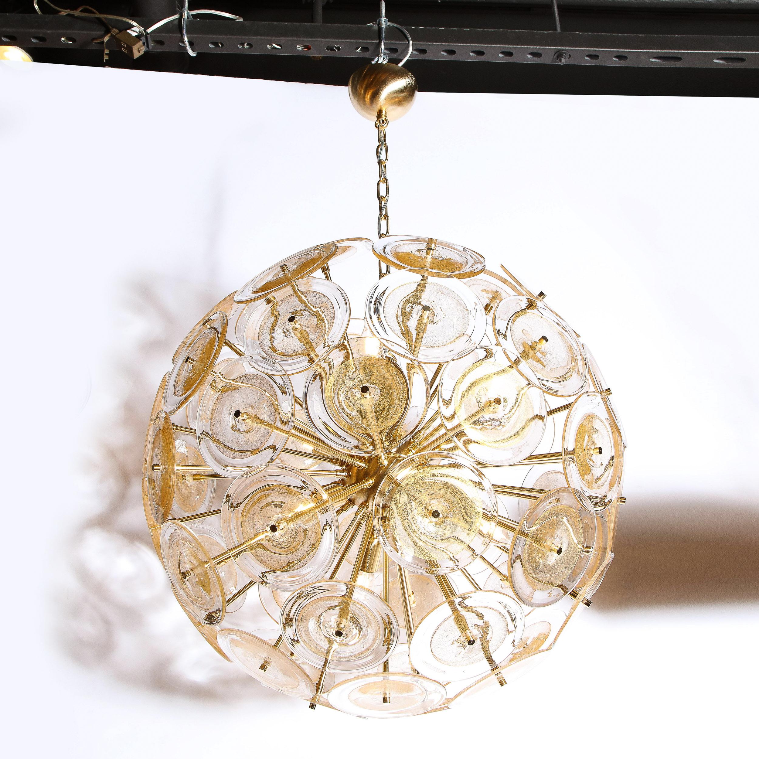 Modernist Brass Sputnik Chandelier W/ Handblown Translucent Murano Glass Discs For Sale 3