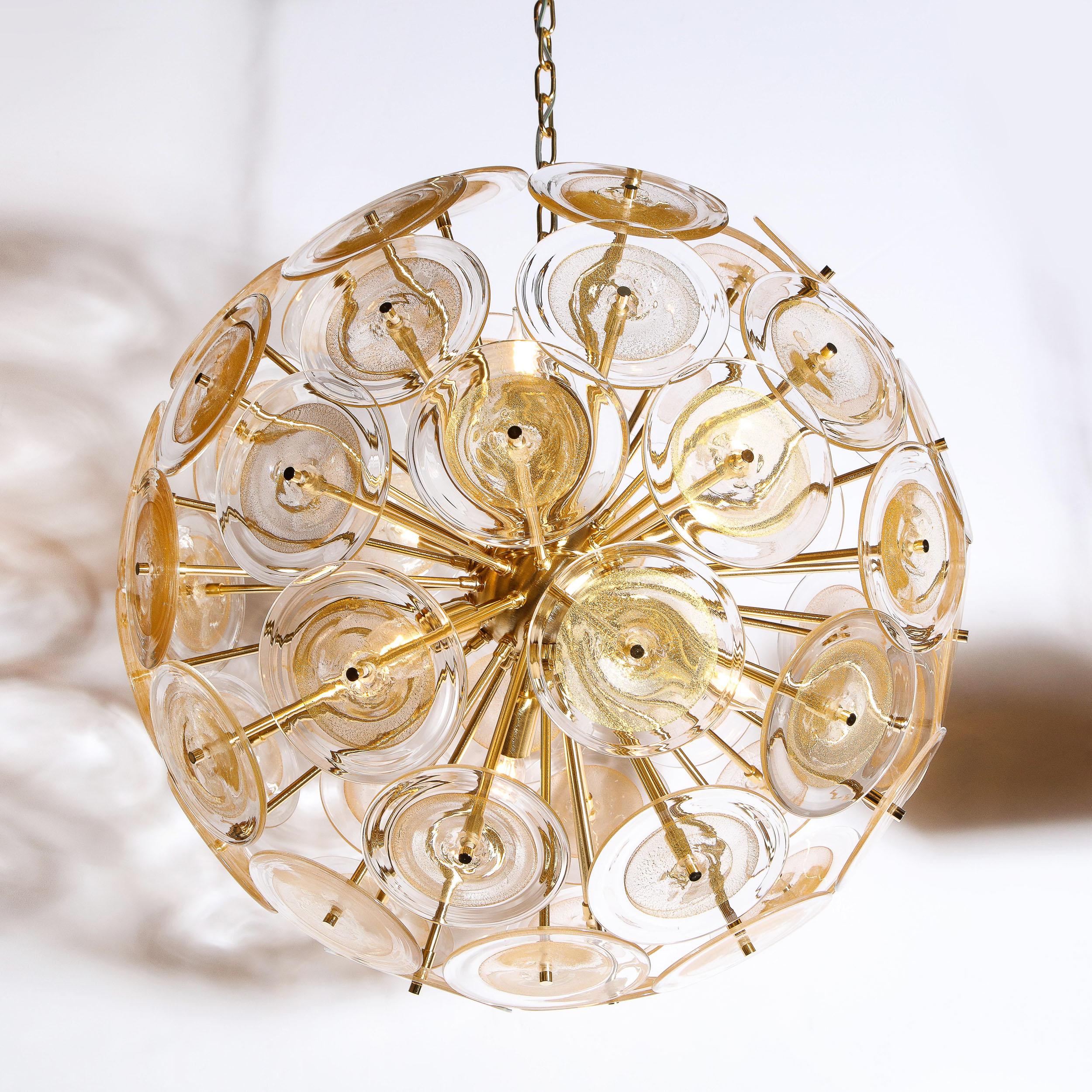 Modernist Brass Sputnik Chandelier W/ Handblown Translucent Murano Glass Discs For Sale 4