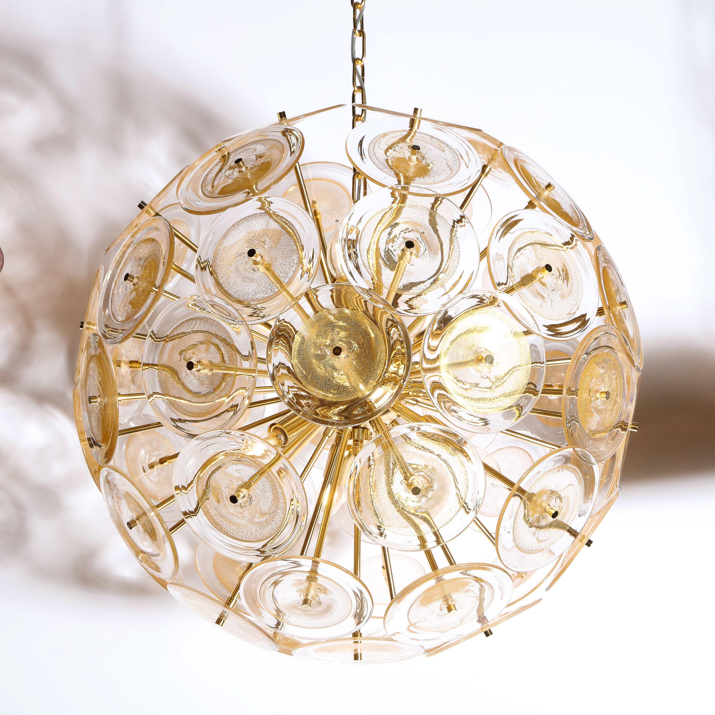 Mid-Century Modern Modernist Brass Sputnik Chandelier W/ Handblown Translucent Murano Glass Discs For Sale