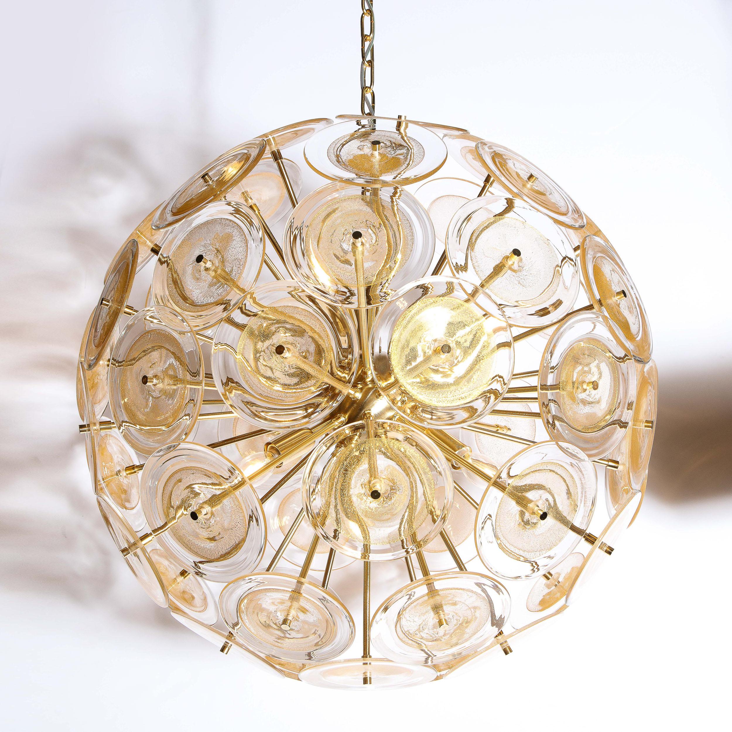 Italian Modernist Brass Sputnik Chandelier W/ Handblown Translucent Murano Glass Discs For Sale