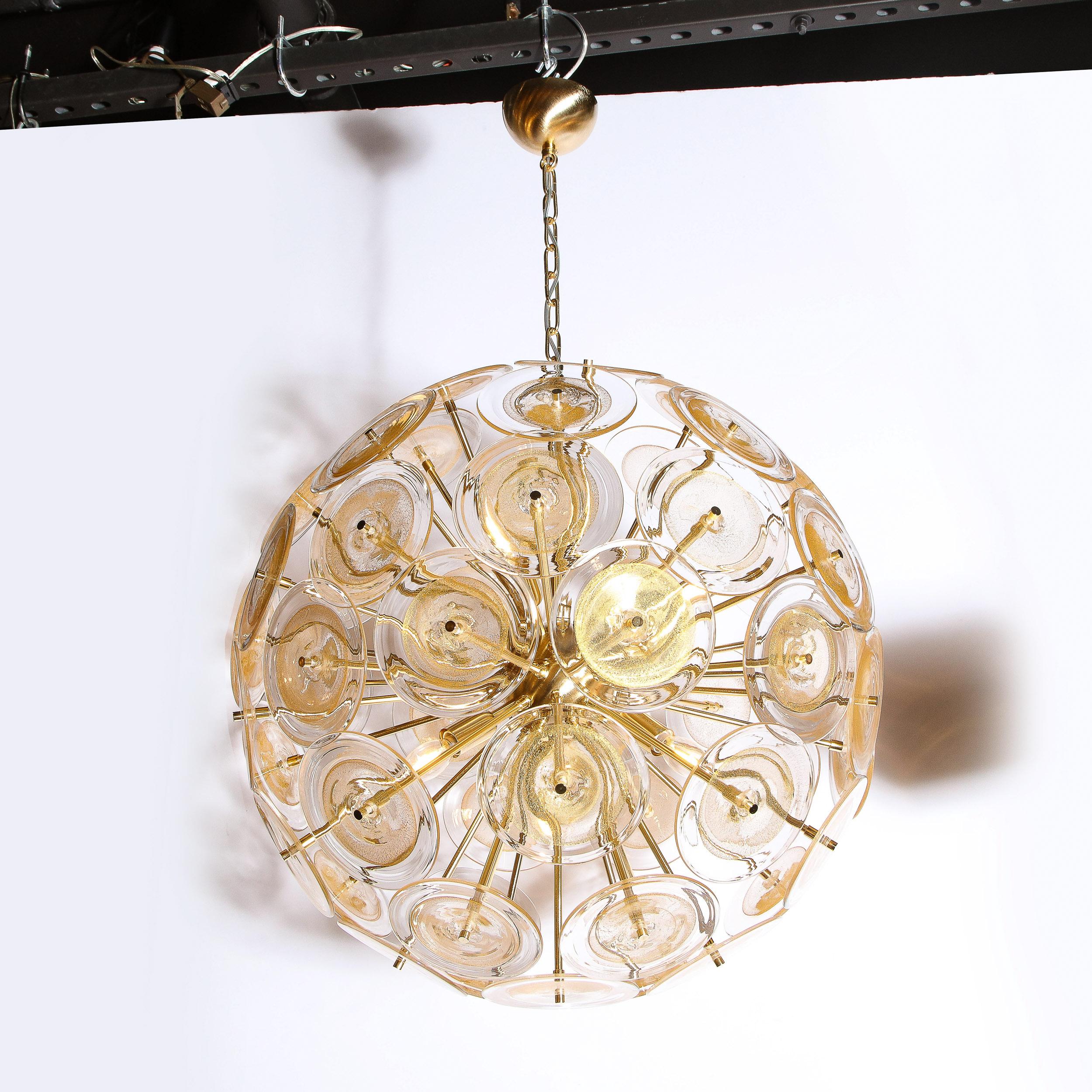 Brushed Modernist Brass Sputnik Chandelier W/ Handblown Translucent Murano Glass Discs For Sale
