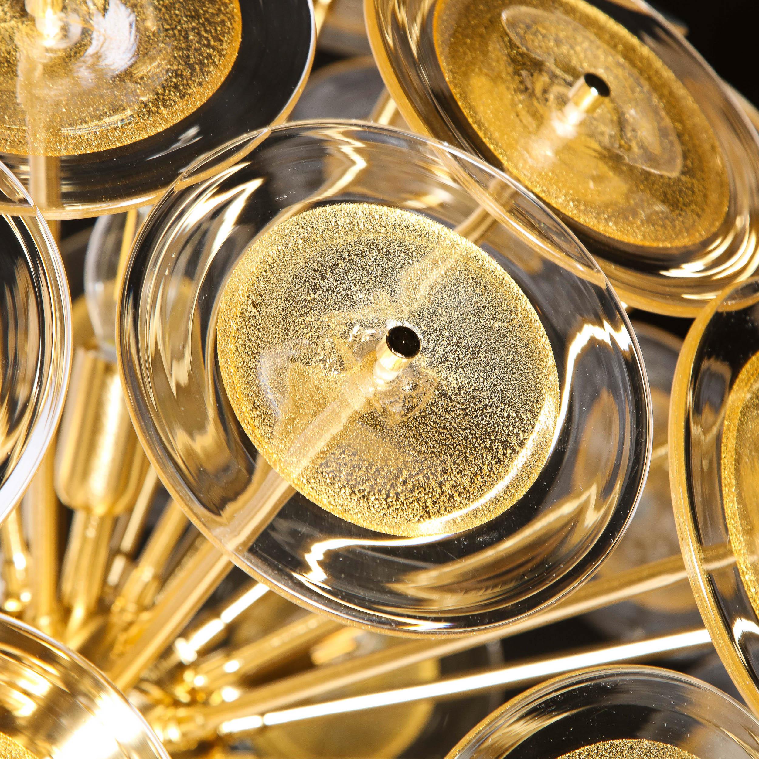 Contemporary Modernist Brass Sputnik Chandelier W/ Handblown Translucent Murano Glass Discs For Sale
