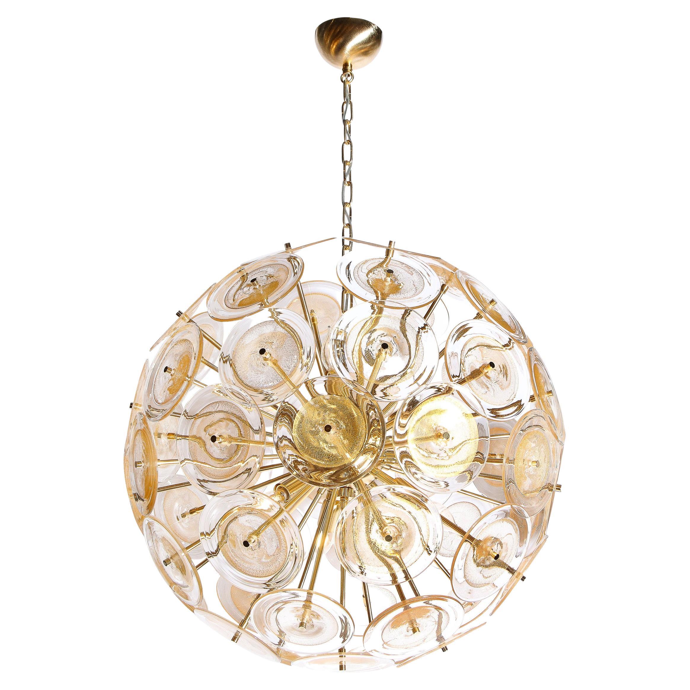 Modernist Brass Sputnik Chandelier W/ Handblown Translucent Murano Glass Discs
