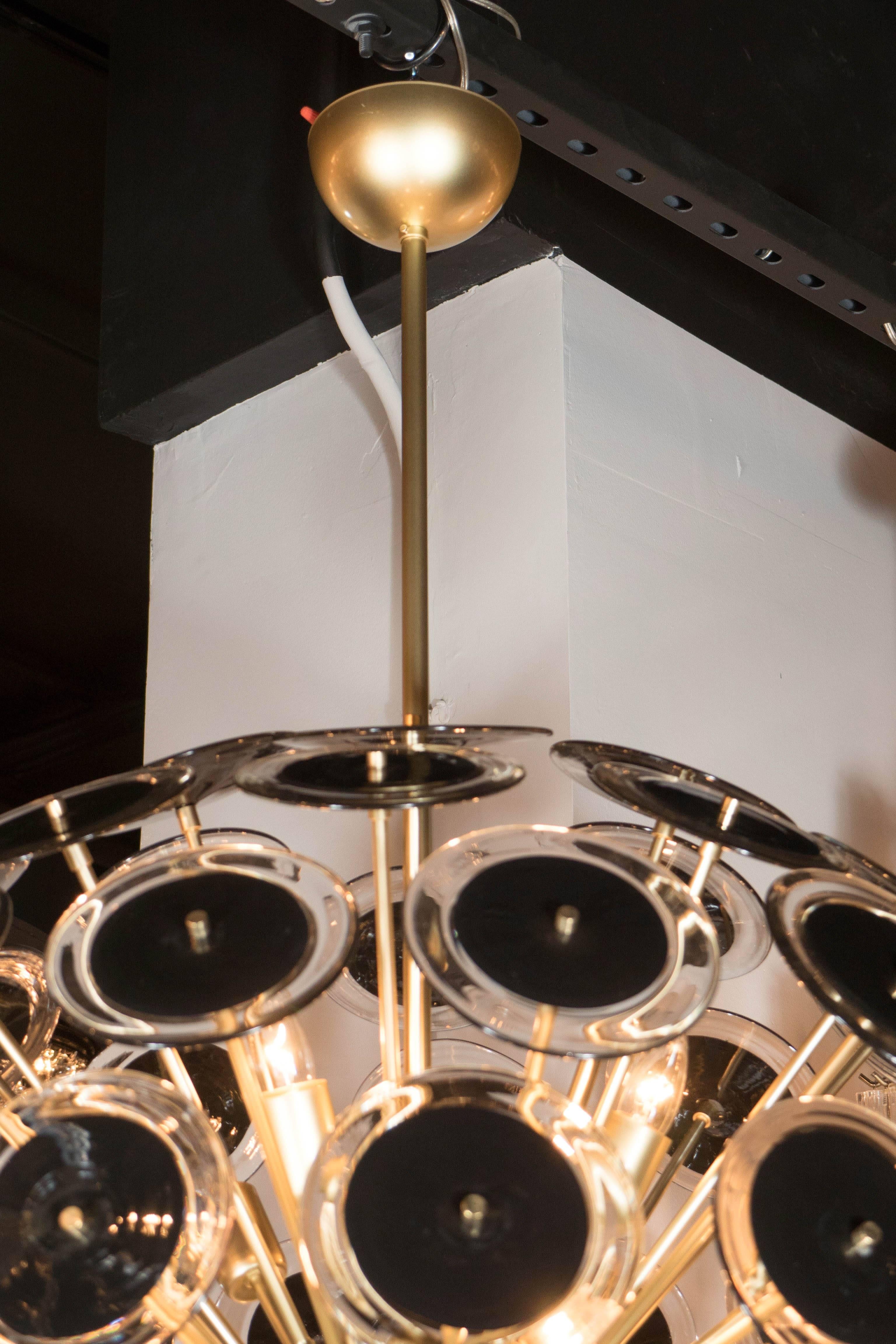 Italian Modernist Brass Sputnik Chandelier with Black/Translucent Handblown Murano Discs For Sale