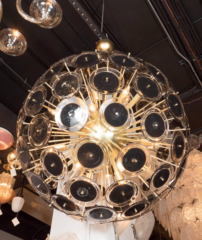 Modernist Brass Sputnik Chandelier with Black/Translucent Handblown
