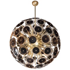 Modernist Brass Sputnik Chandelier with Black/Translucent Handblown Murano Discs