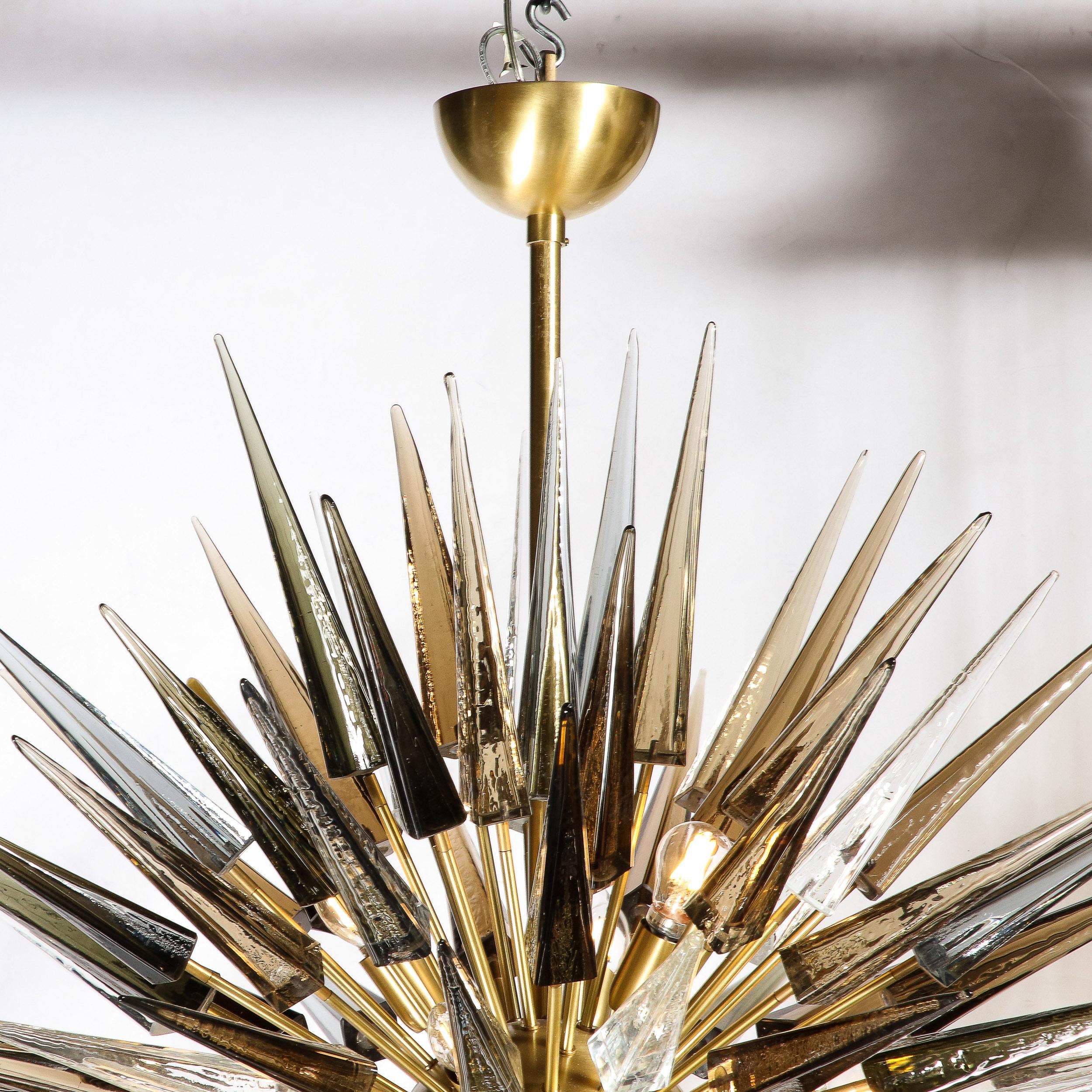 Modernist Brass Starburst Chandelier w/ Clear, Smoked & Graphite Glass Obelisks For Sale 6