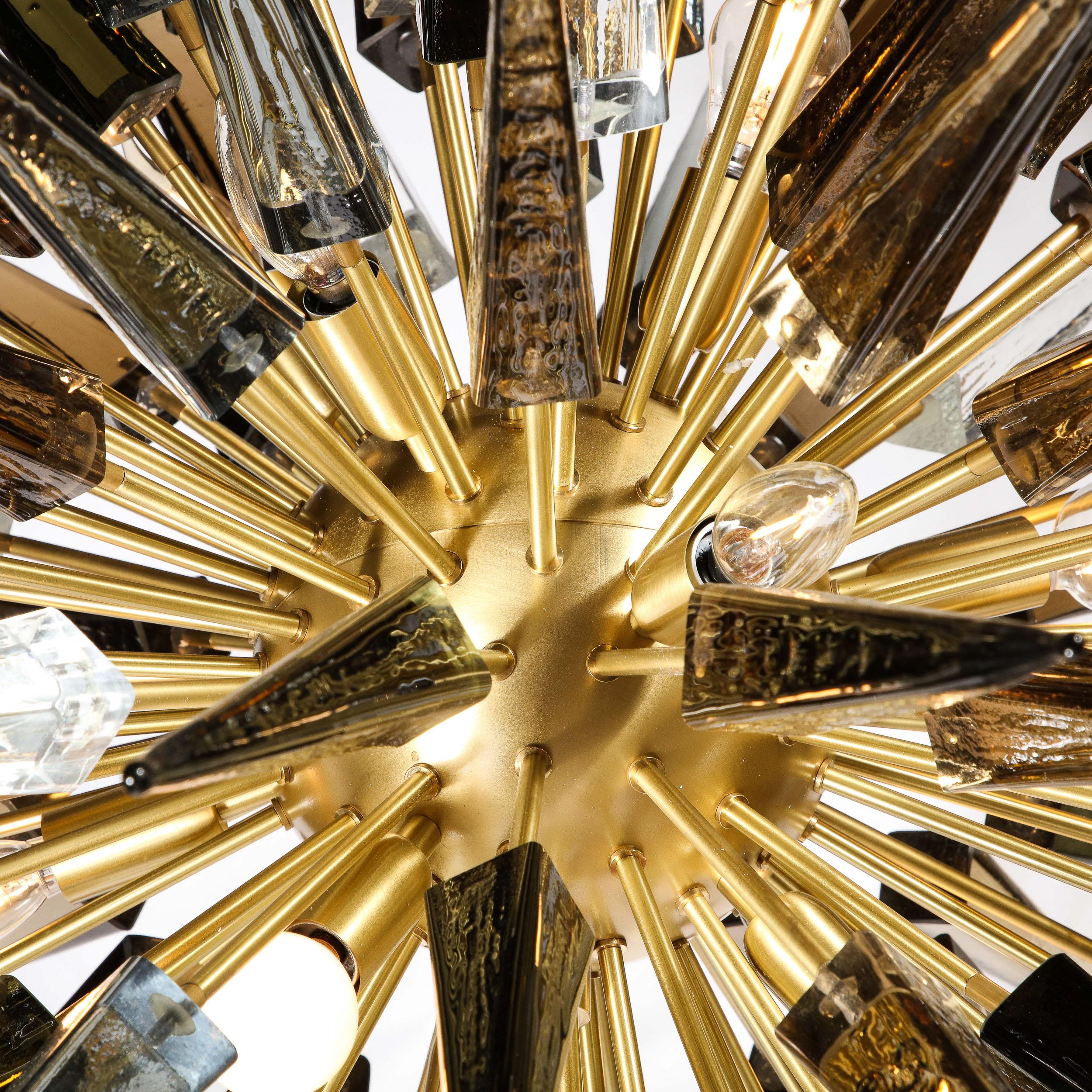 Modernist Brass Starburst Chandelier w/ Clear, Smoked & Graphite Glass Obelisks For Sale 9
