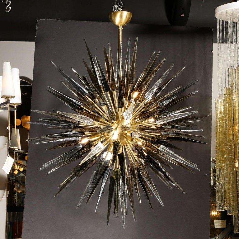 Modernist Brass Starburst Chandelier w/ Clear, Smoked and Graphite