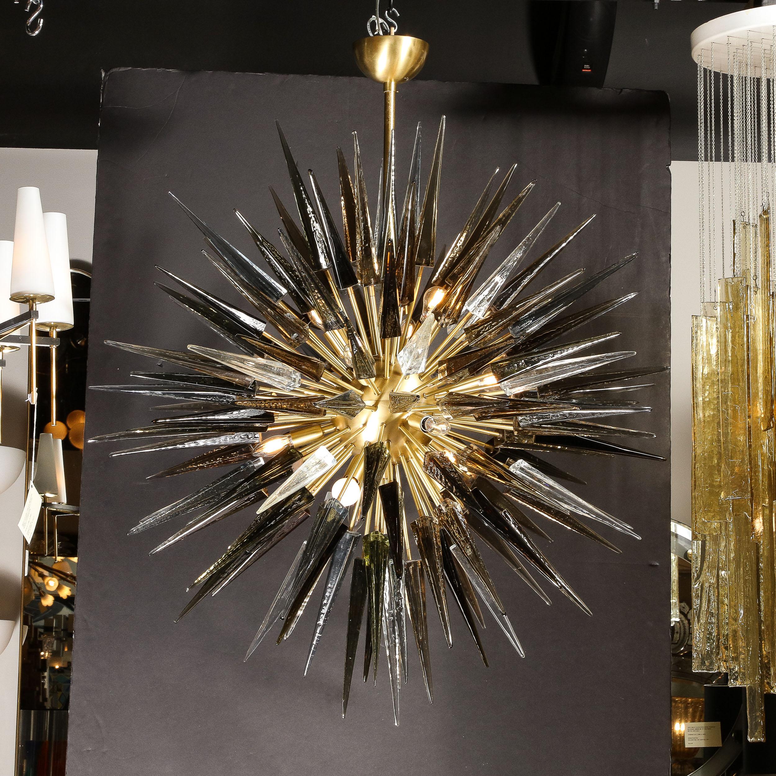 Modernist Brass Starburst Chandelier w/ Clear, Smoked & Graphite Glass Obelisks In New Condition For Sale In New York, NY