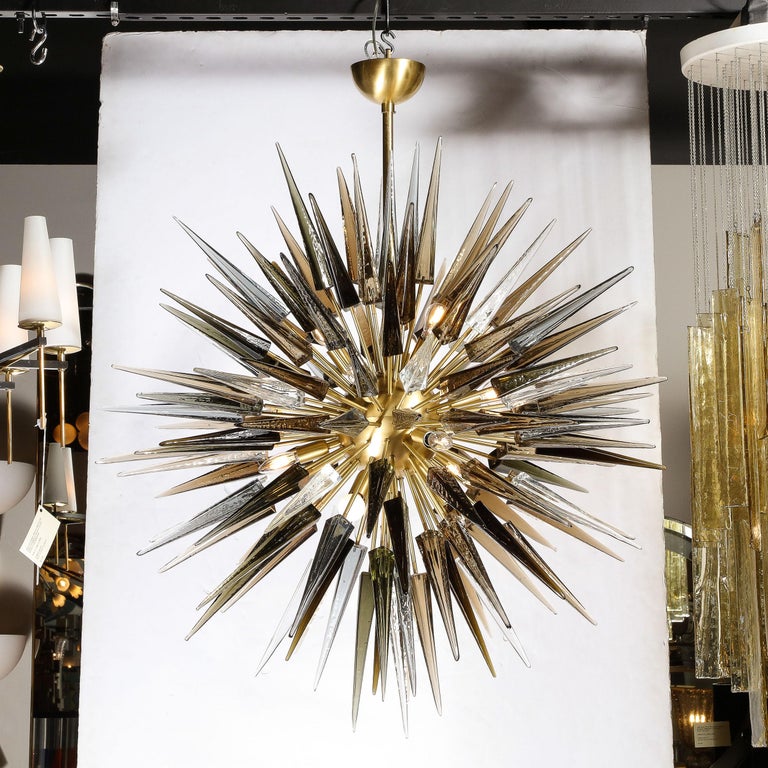 Modernist Brass Starburst Chandelier w/ Clear, Smoked and Graphite