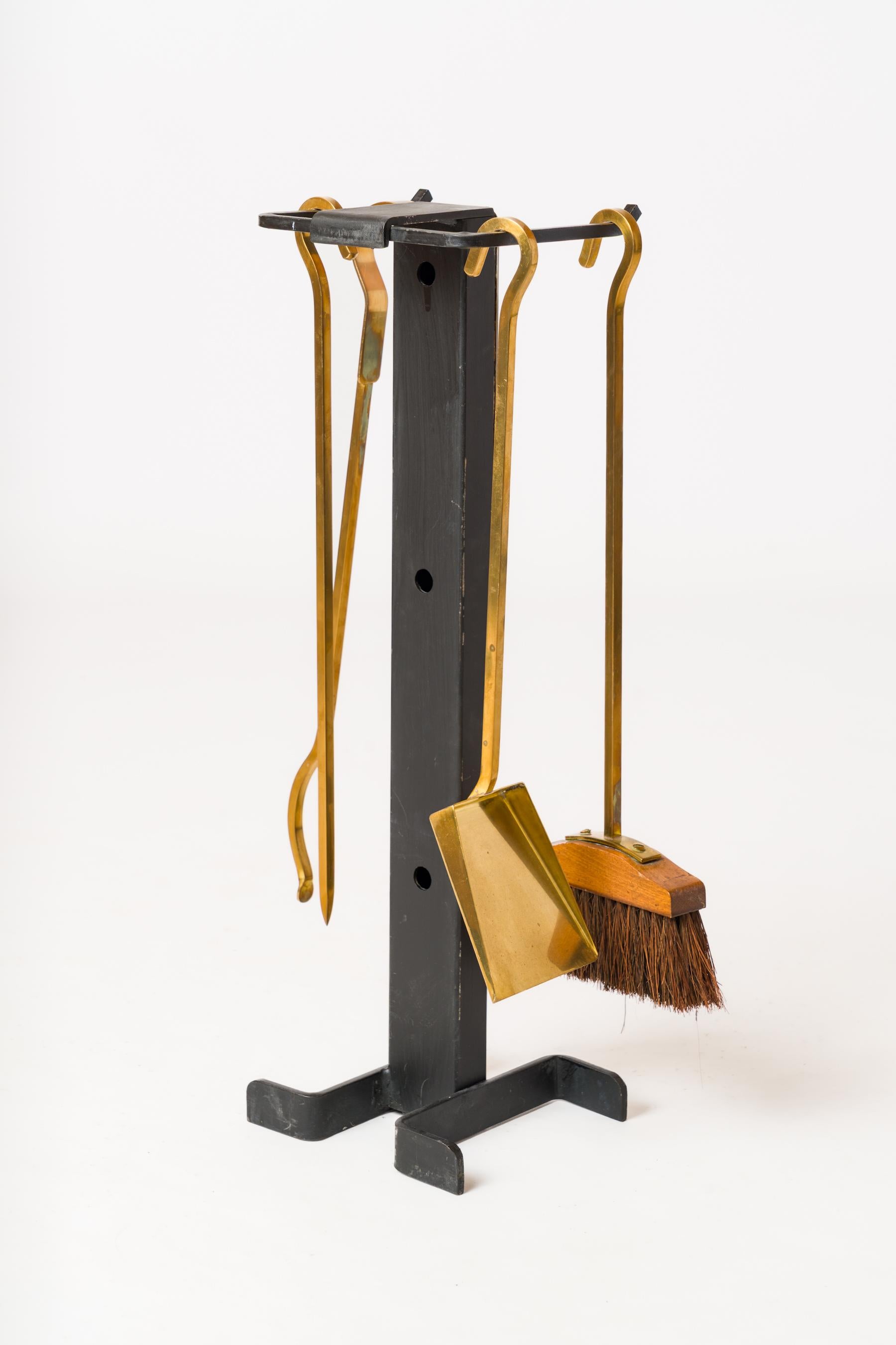 Modernist Brass & Steel Andirons with Fireplace Tools Set - France 1970s For Sale 6