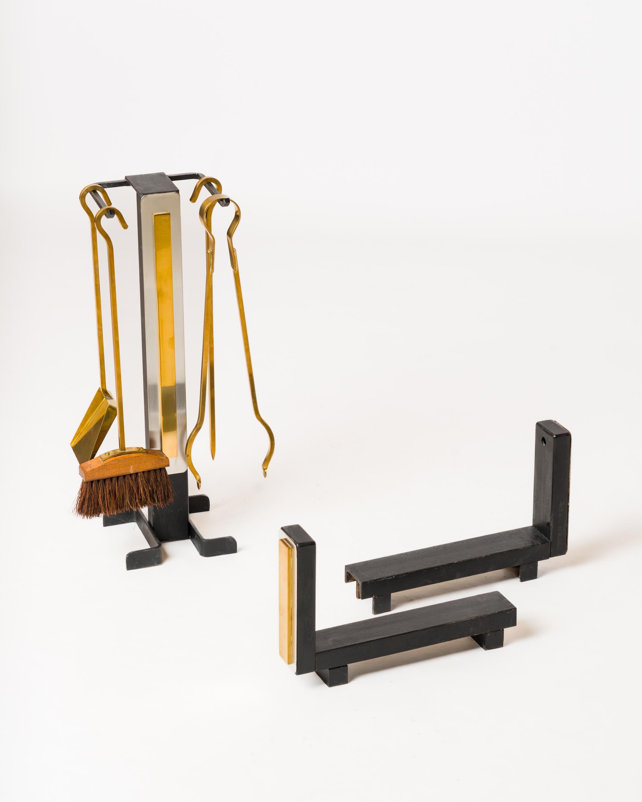 Modernist Brass & Steel Andirons with Fireplace Tools Set - France 1970s In Good Condition For Sale In New York, NY