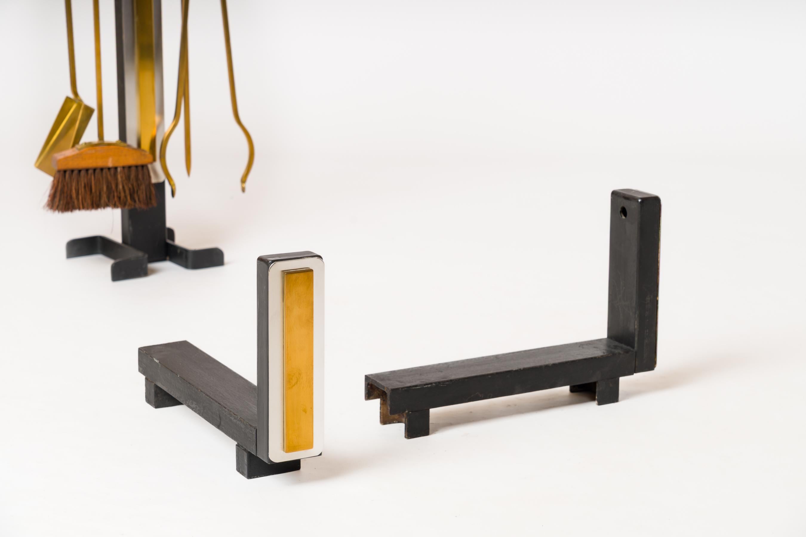 Late 20th Century Modernist Brass & Steel Andirons with Fireplace Tools Set - France 1970s For Sale