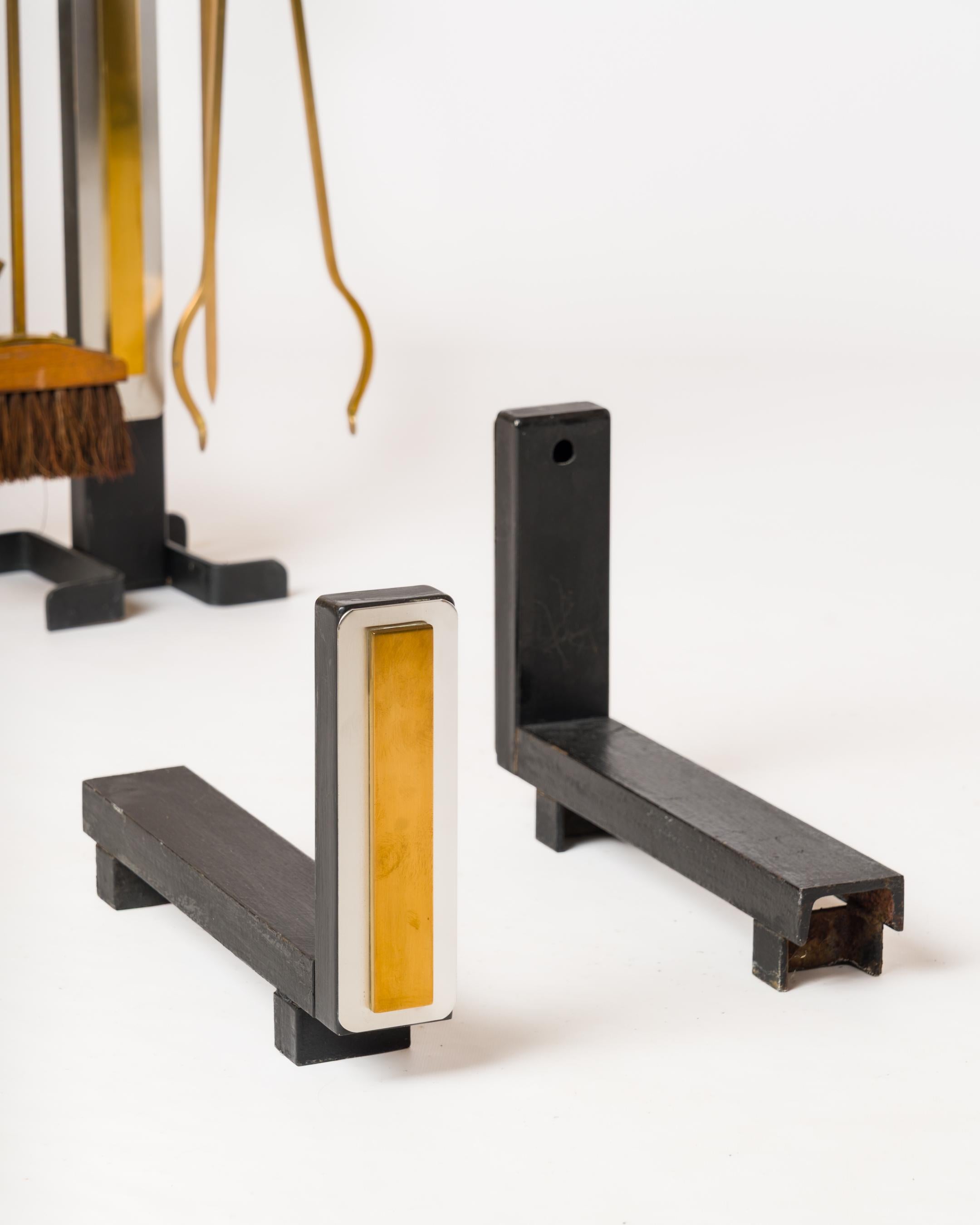 Modernist Brass & Steel Andirons with Fireplace Tools Set - France 1970s For Sale 1