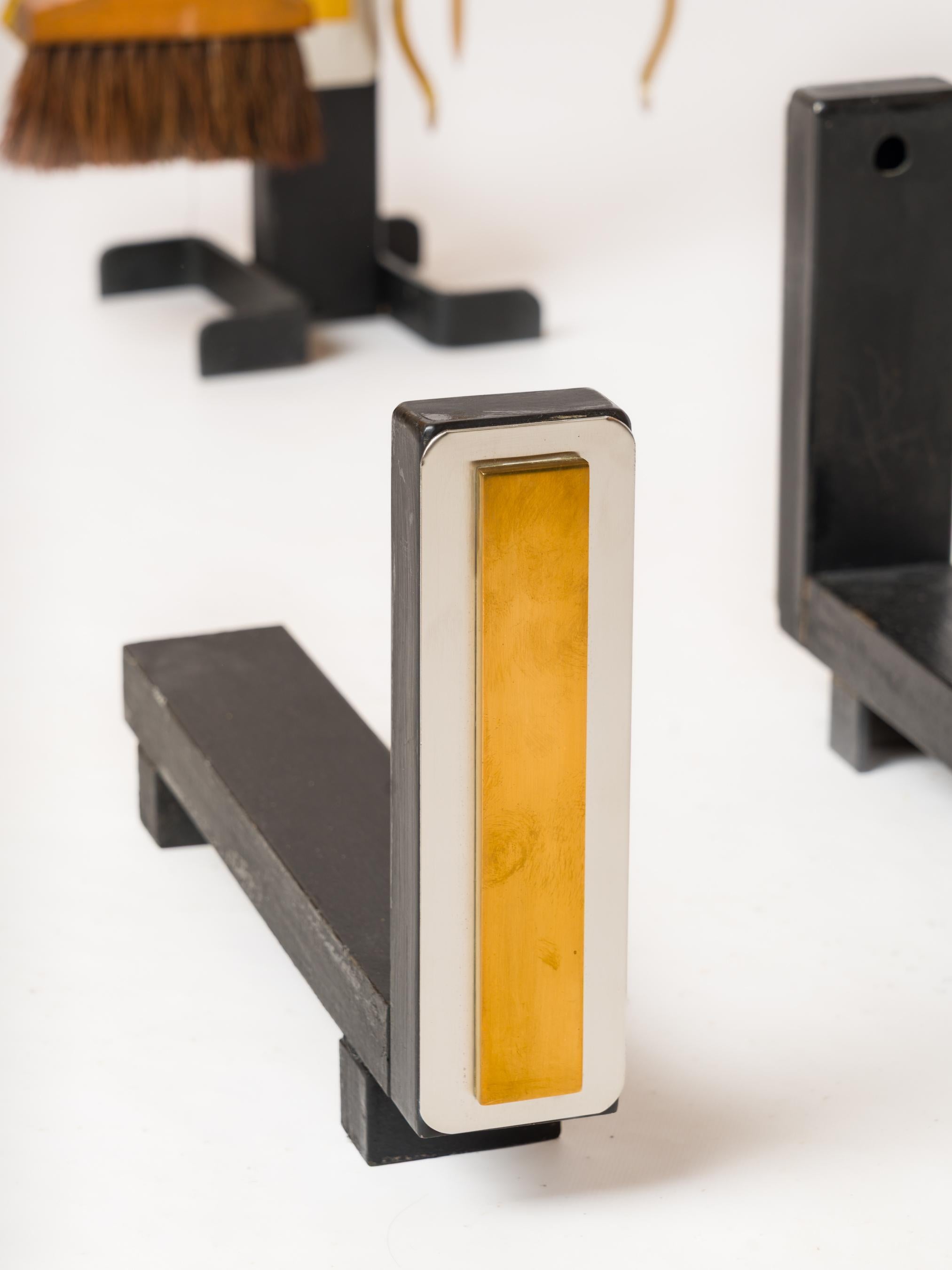 Modernist Brass & Steel Andirons with Fireplace Tools Set - France 1970s For Sale 2