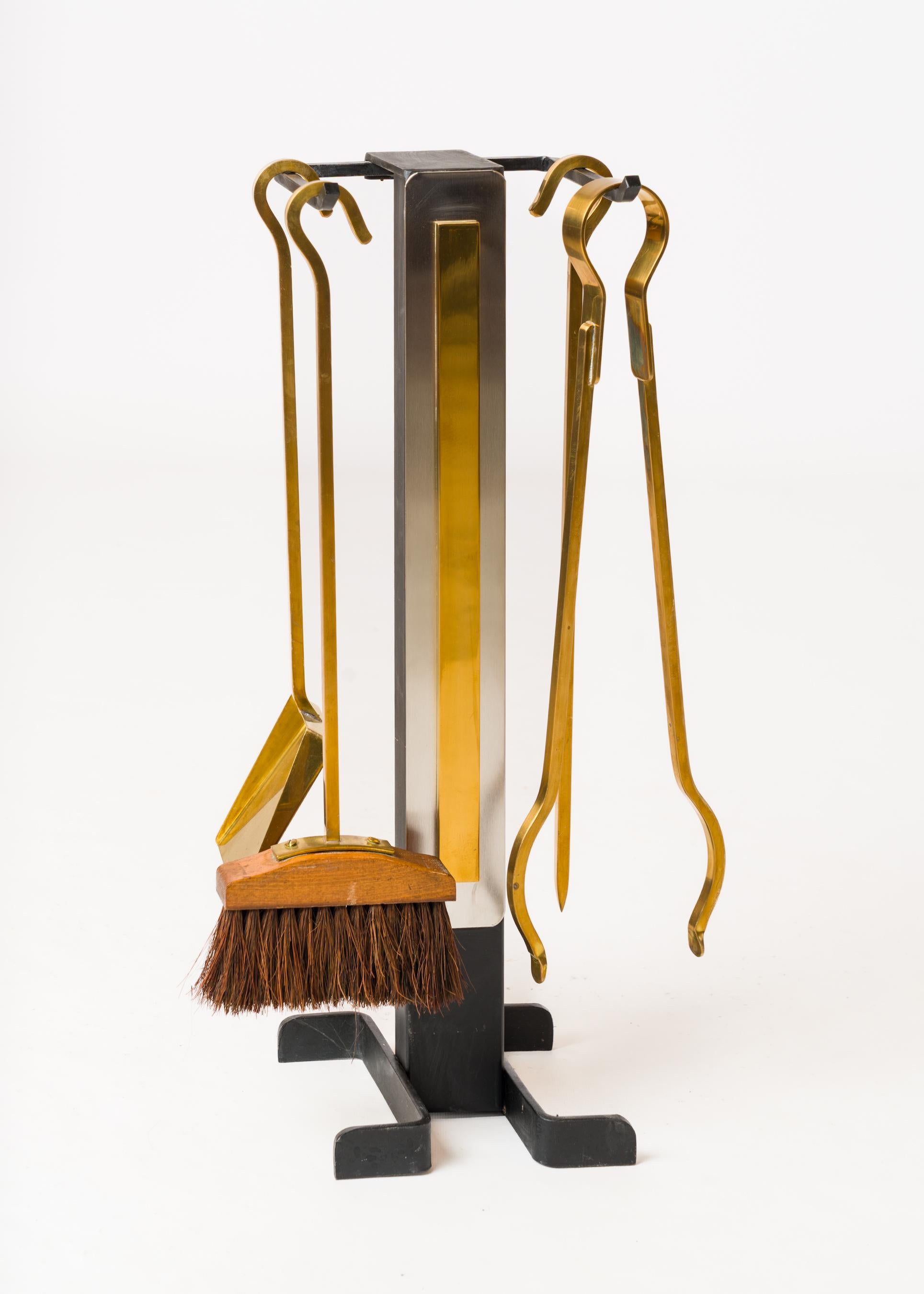 Modernist Brass & Steel Andirons with Fireplace Tools Set - France 1970s For Sale 3