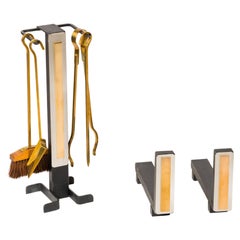 Modernist Brass & Steel Andirons with Fireplace Tools Set - France 1970s