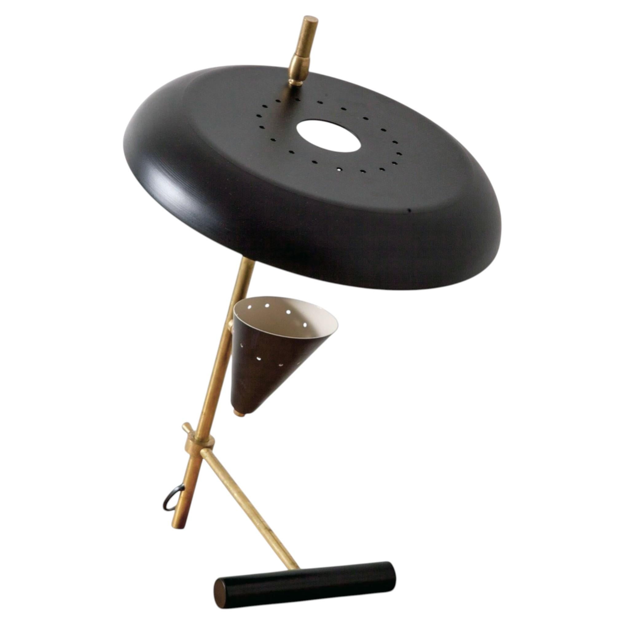 Modernist Brass Table Lamp with Perforated White Metal Shades