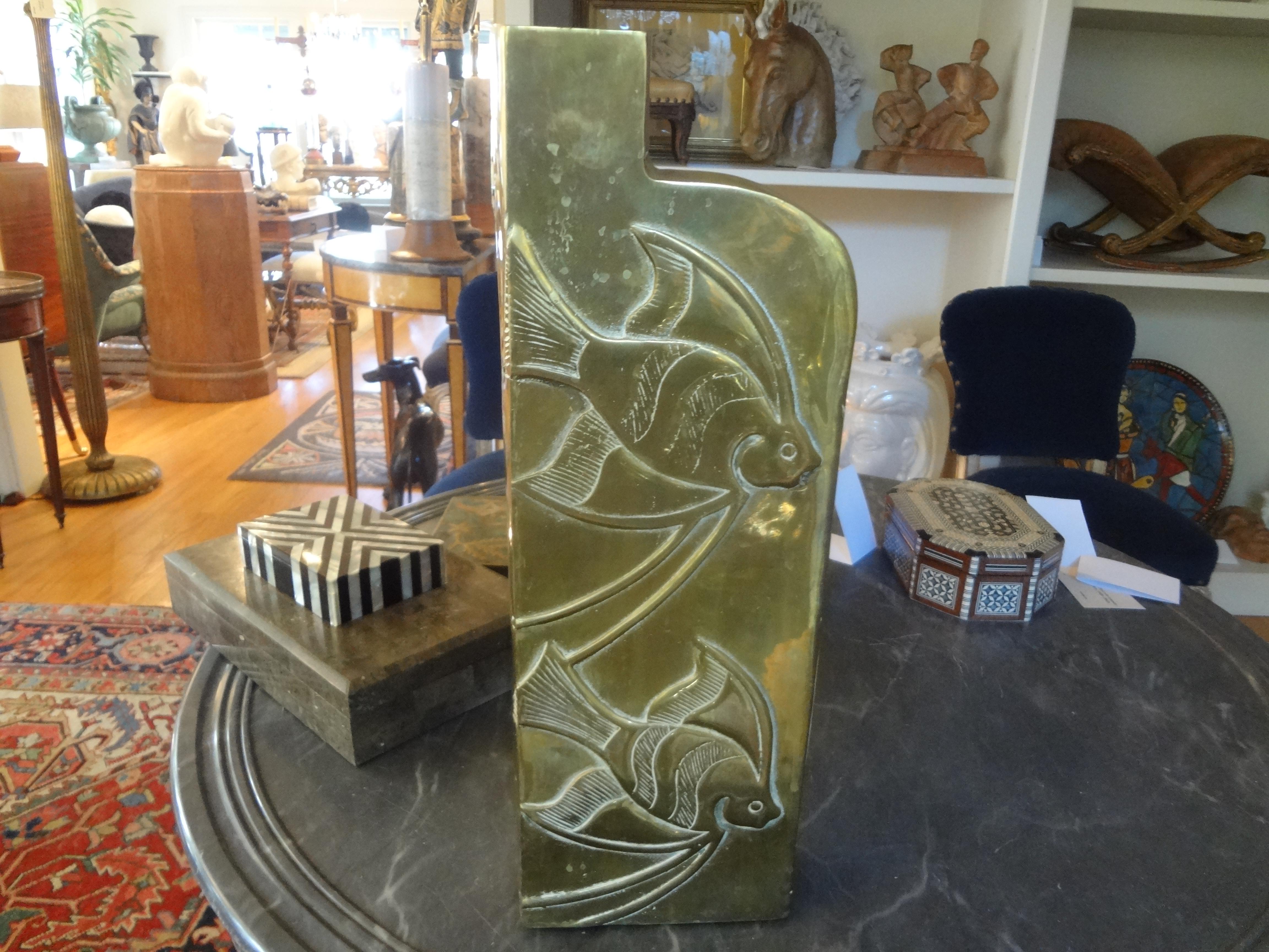 Hollywood Regency Modernist Brass Vase with Etched Fish