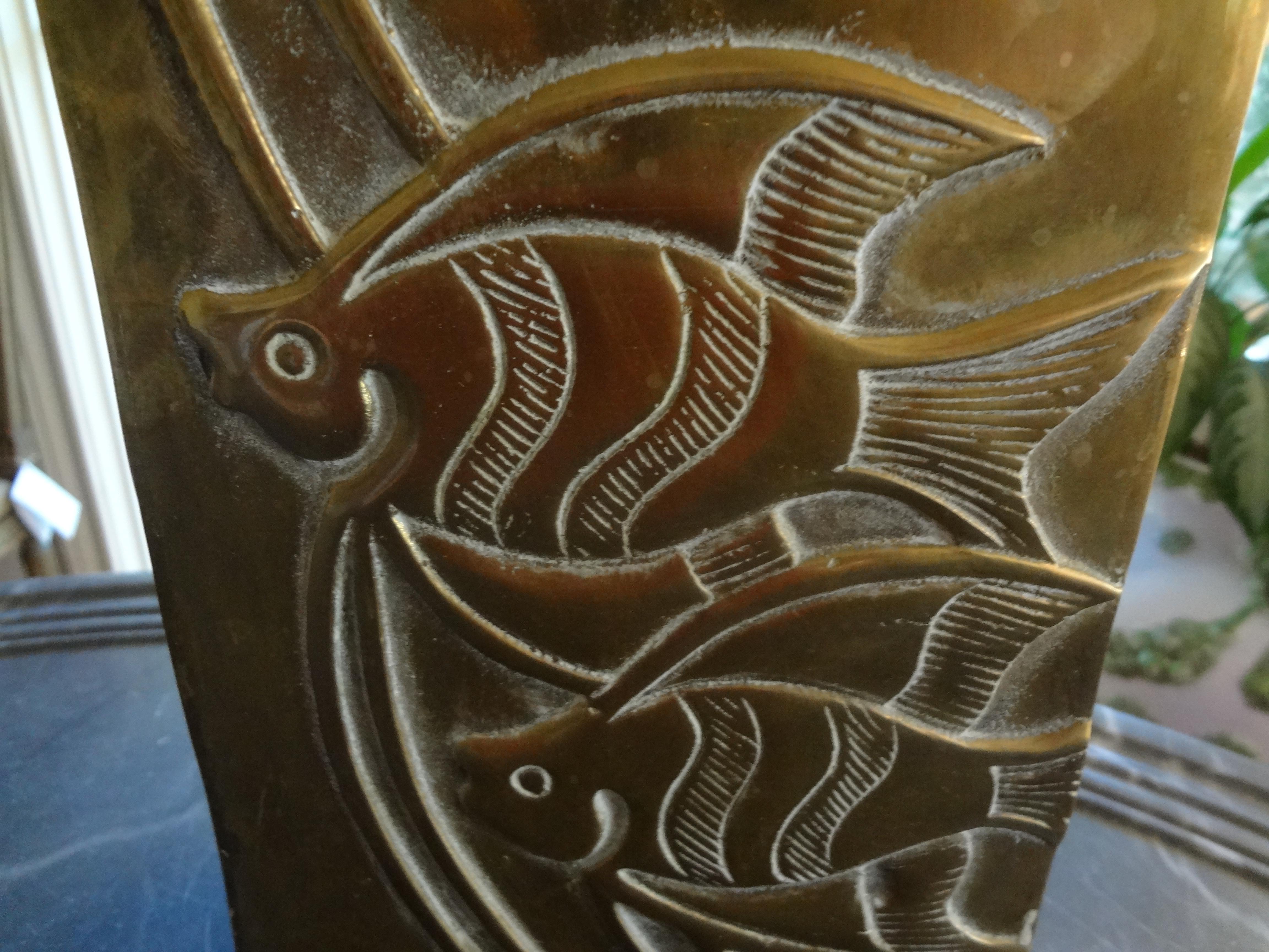 Modernist Brass Vase with Etched Fish 1