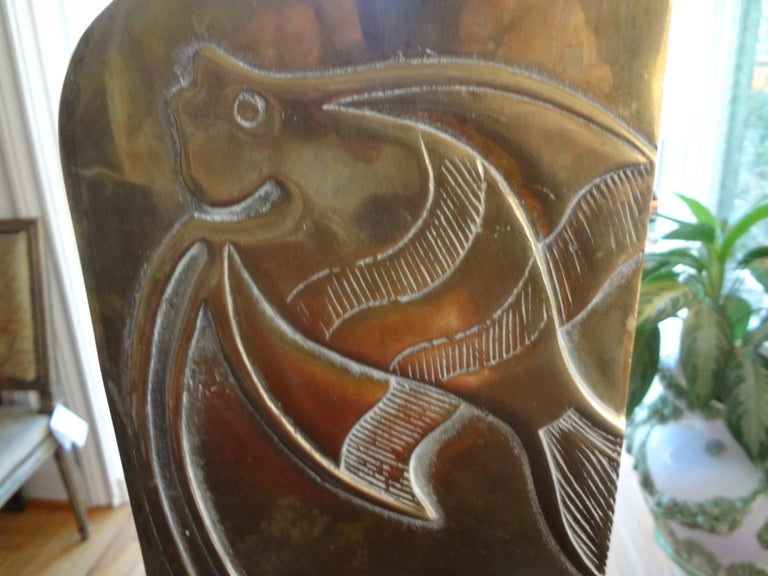 Modernist Brass Vase with Etched Fish at 1stDibs