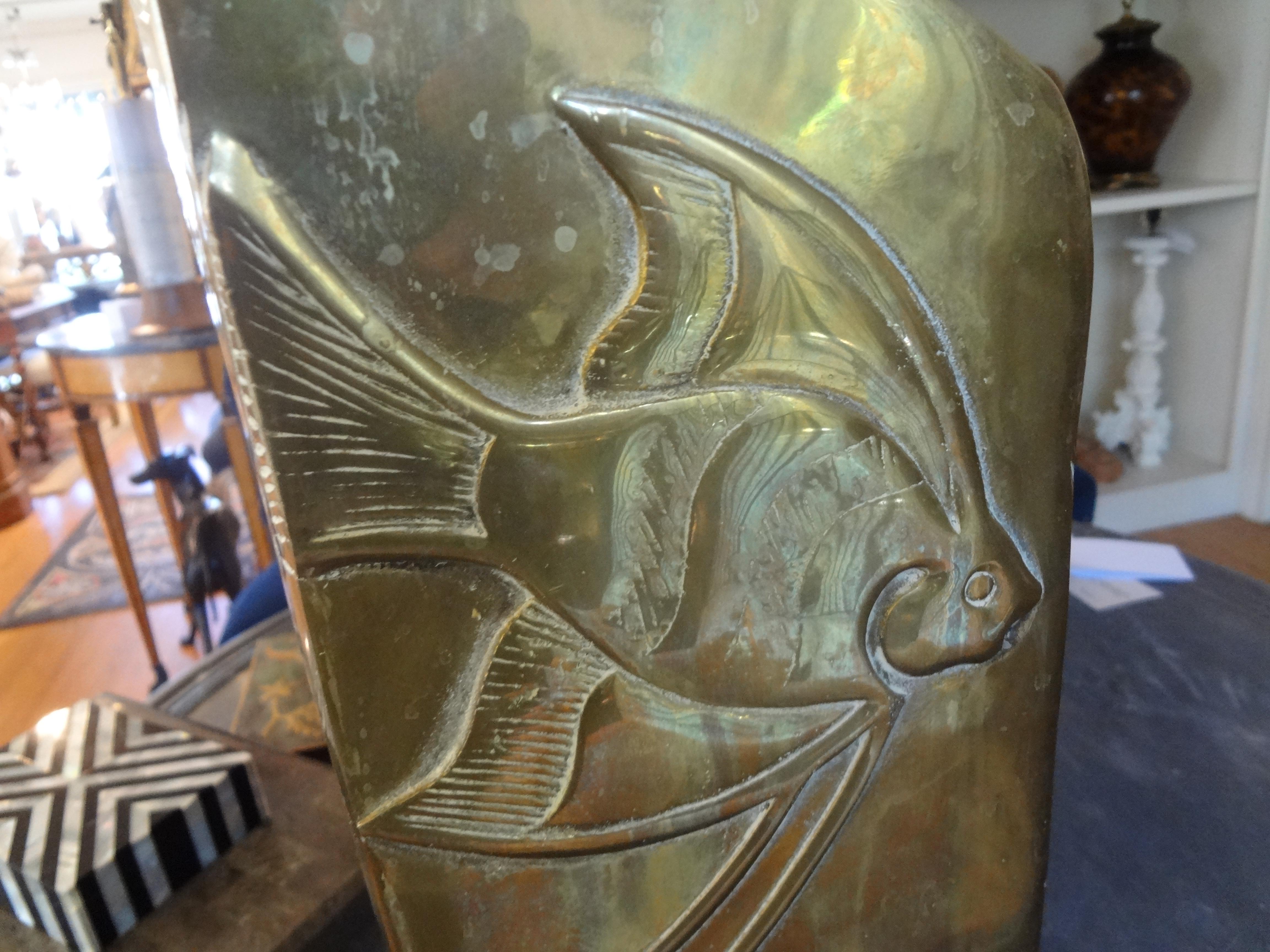 Modernist Brass Vase with Etched Fish 3