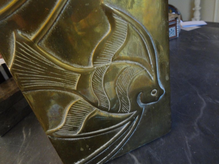 Modernist Brass Vase with Etched Fish at 1stDibs