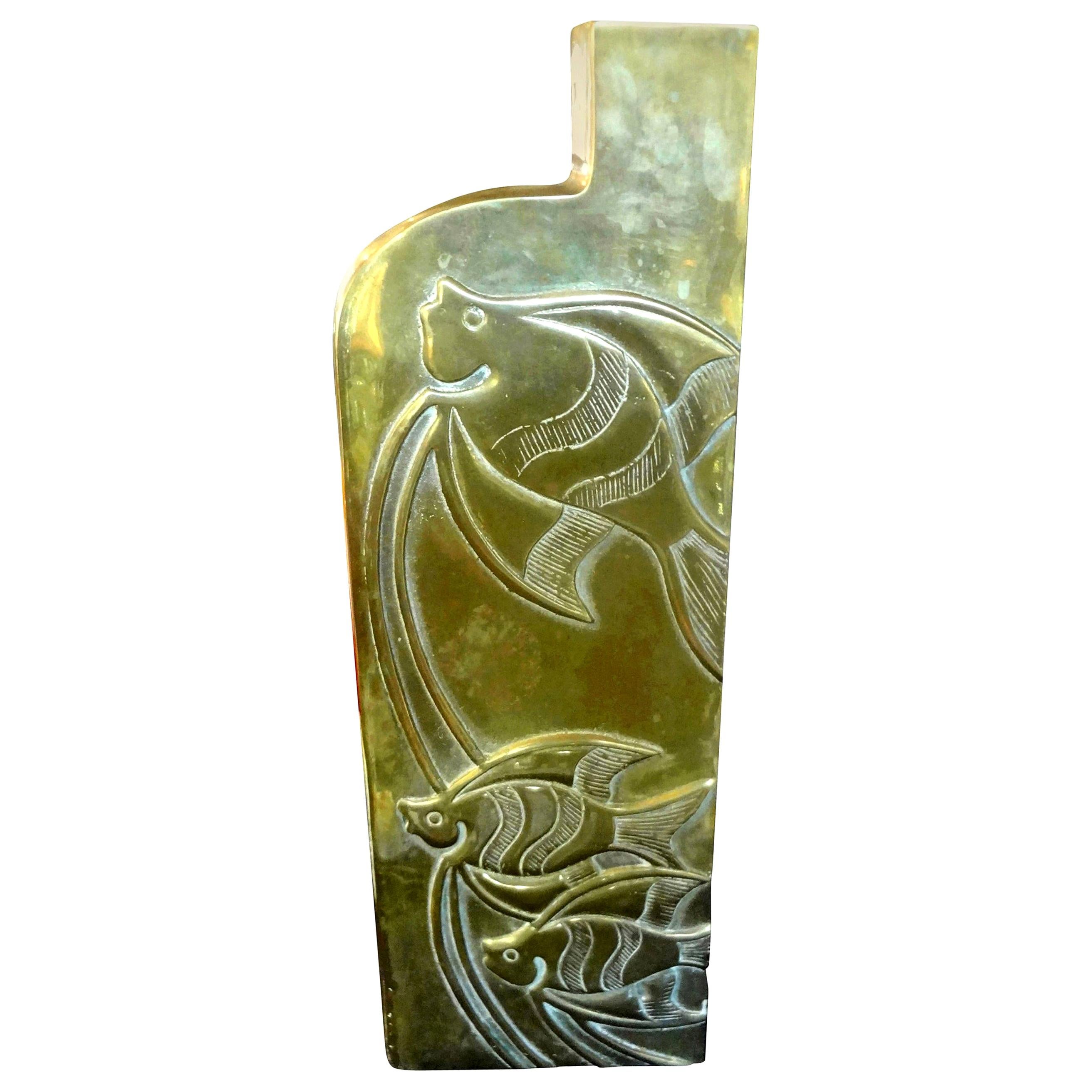 Modernist Brass Vase with Etched Fish