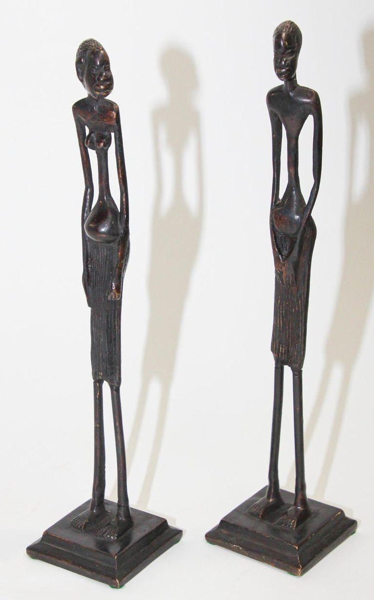 Modernist Bronze African Sculptures of a Couple, Tribal Art Etruscan Style In Good Condition For Sale In North Hollywood, CA