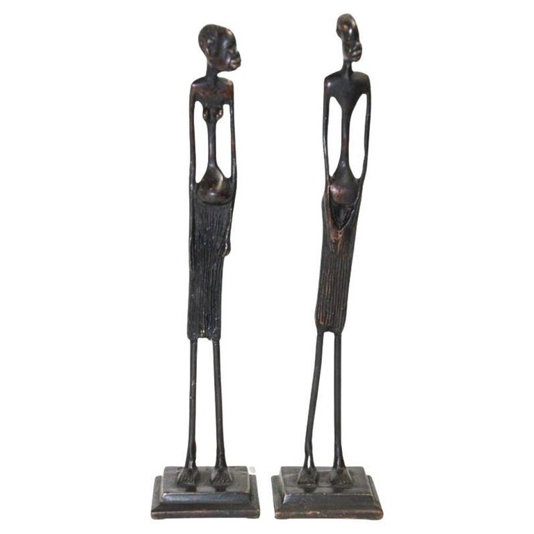 Modernist Bronze African Sculptures of a Couple, Tribal Art Etruscan Style For Sale
