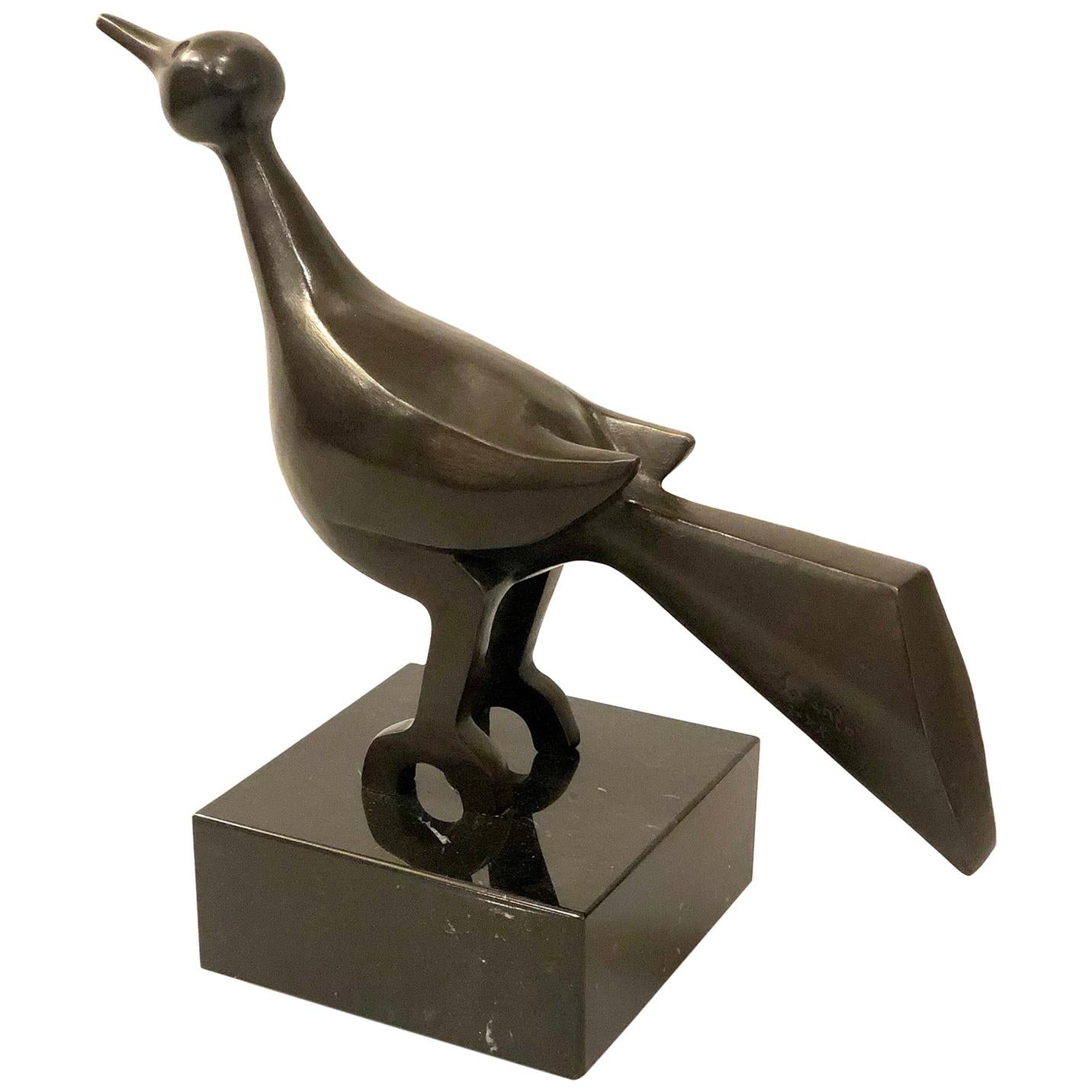 Modernist Bronze Bird Sculpture on Marble Base by Lorenzo Martinez Signed