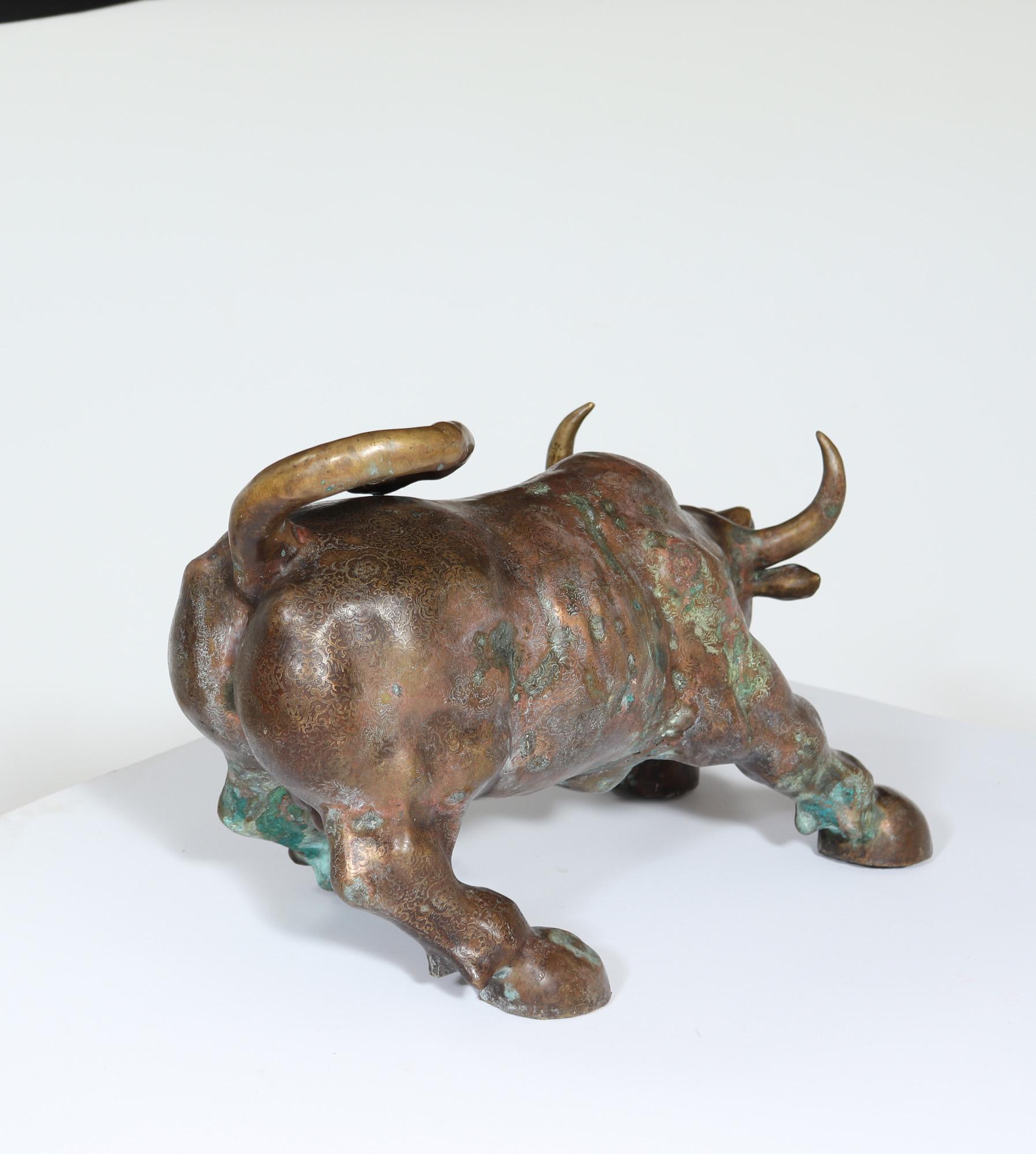 Post-Modern Modernist Bronze Charging Bull Sculpture For Sale