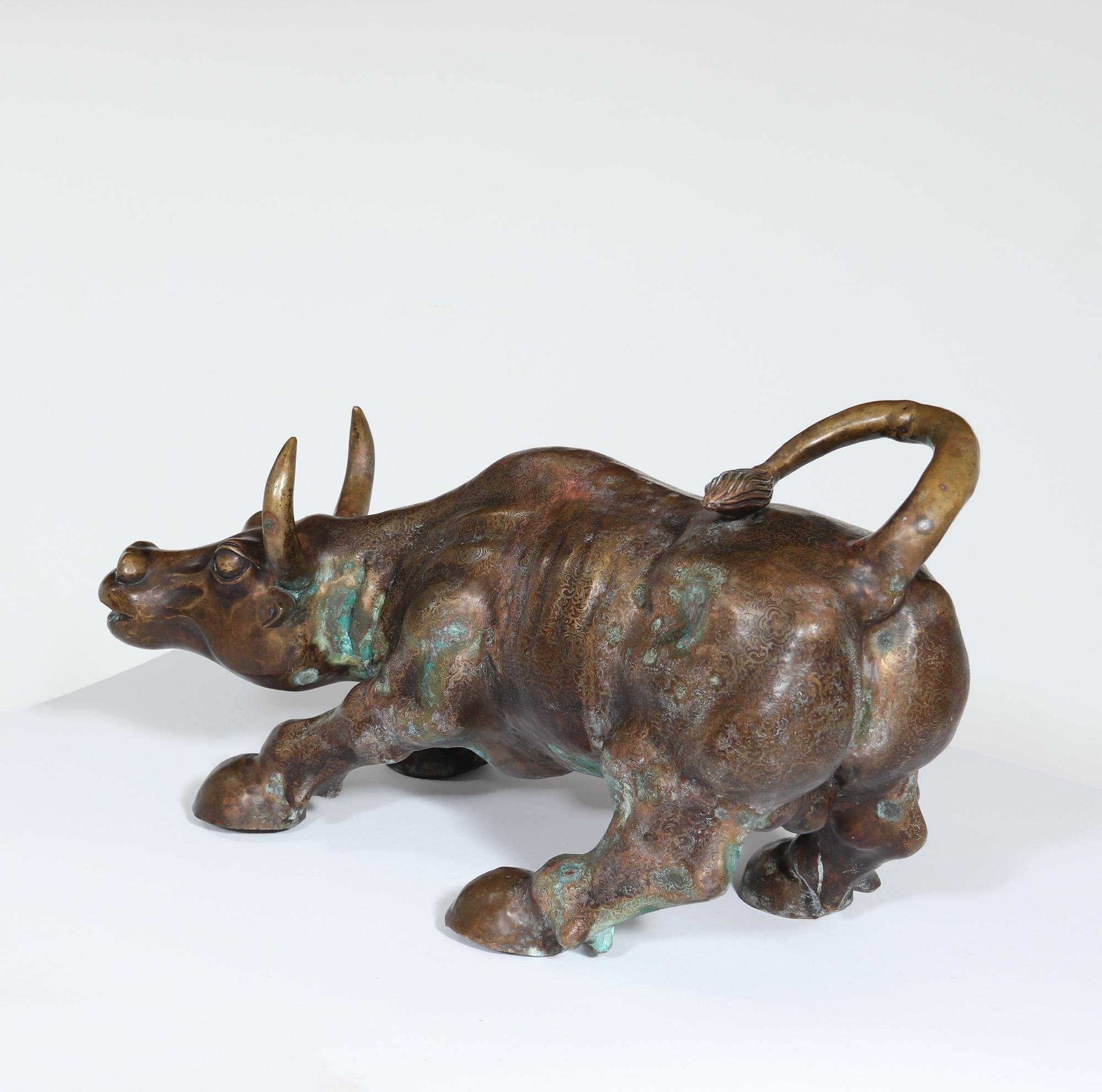 French Modernist Bronze Charging Bull Sculpture For Sale