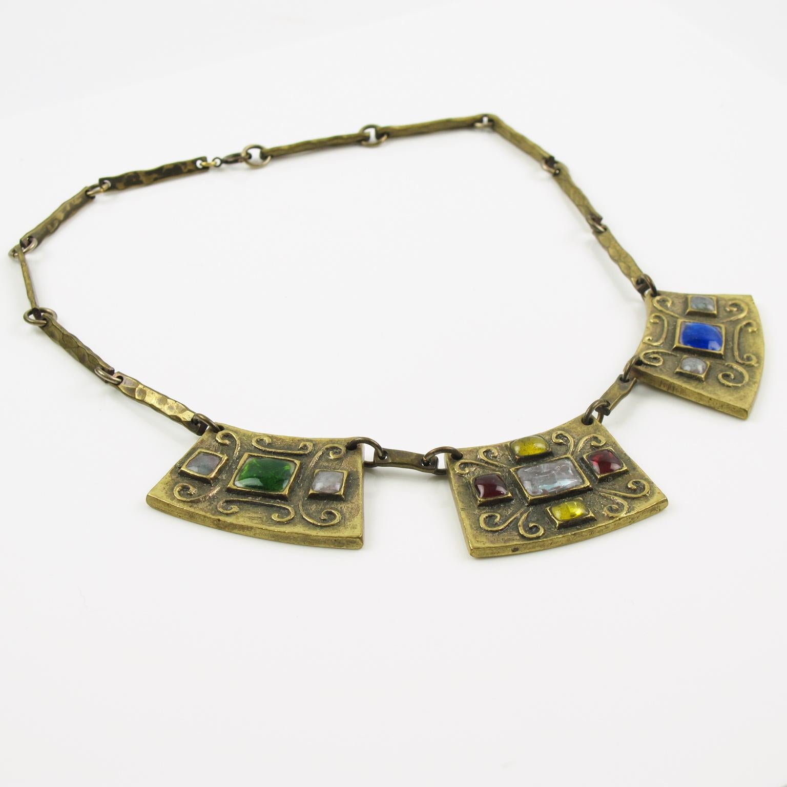 Modernist Bronze Choker Necklace Multicolor Poured Glass Cabochons In Excellent Condition For Sale In Atlanta, GA