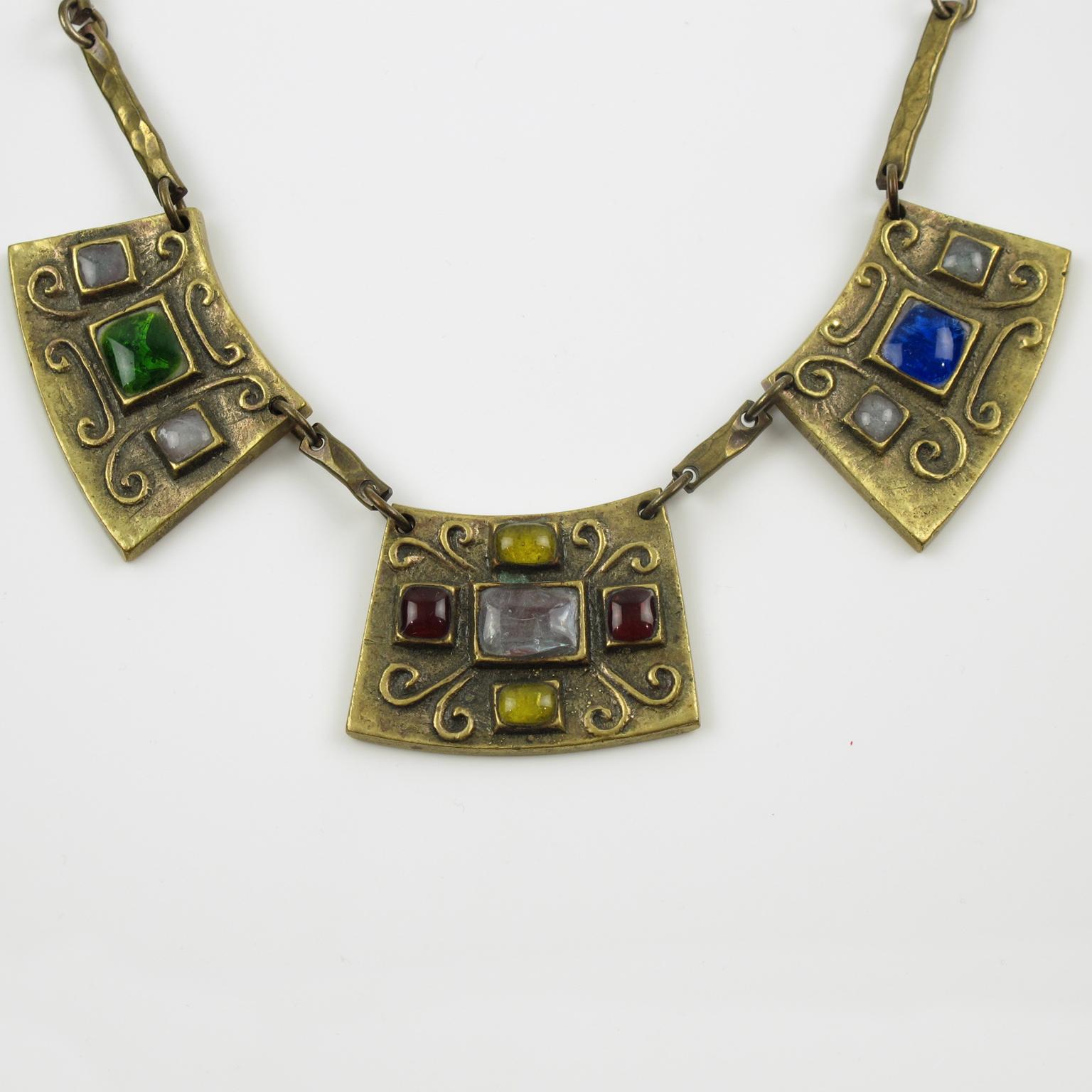 Women's or Men's Modernist Bronze Choker Necklace Multicolor Poured Glass Cabochons For Sale