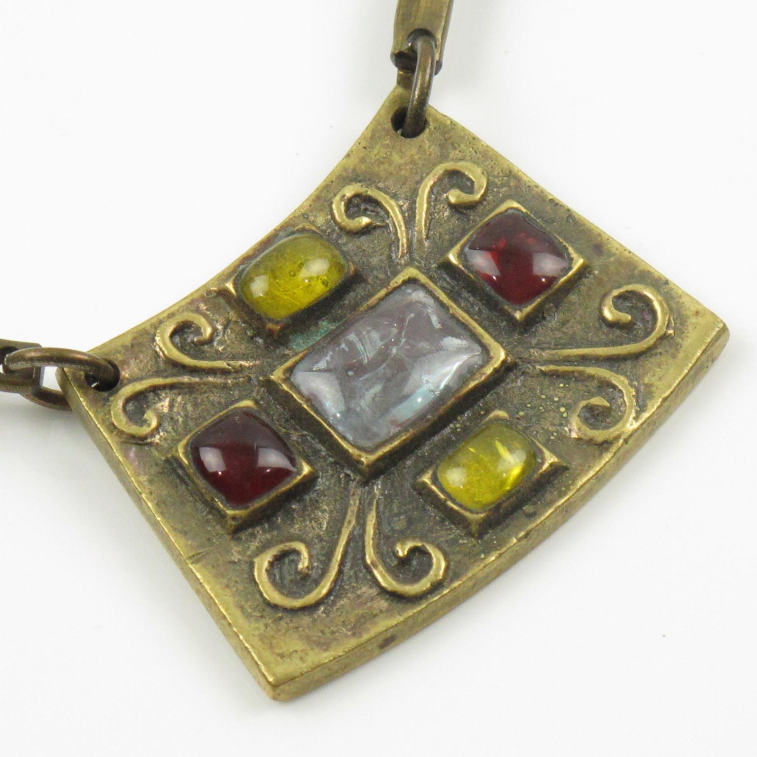 Modernist Bronze Choker Necklace Multicolor Poured Glass Cabochons For Sale 3
