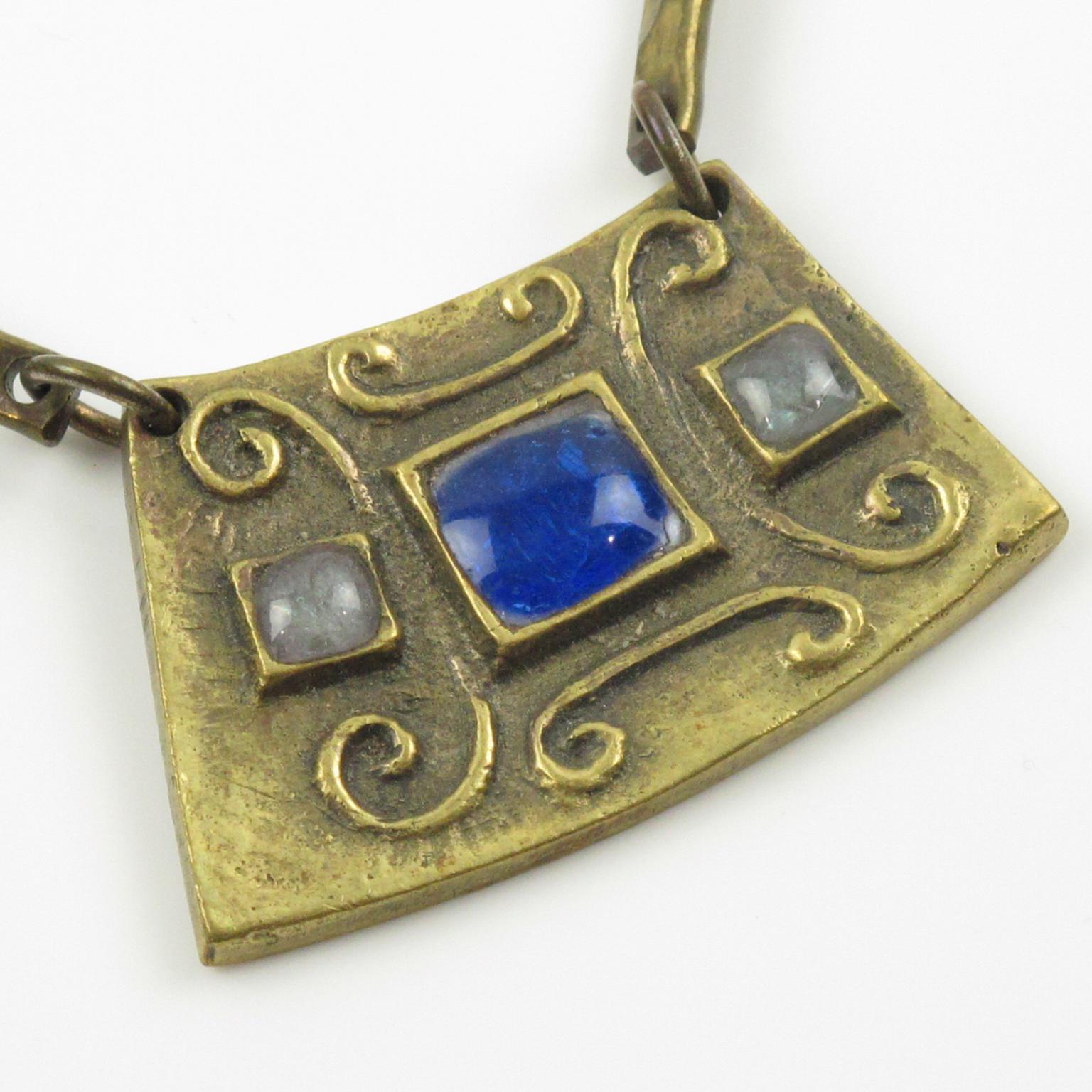 Choker-Halskette aus Bronze mit mehrfarbigen Cabochons aus gegossenem Glas im modernistischen Stil im Angebot 3