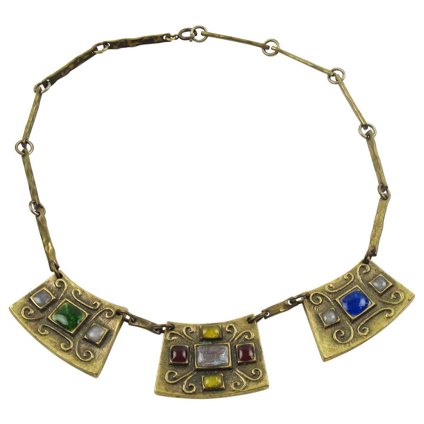 Modernist Bronze Choker Necklace Multicolor Poured Glass Cabochons For Sale