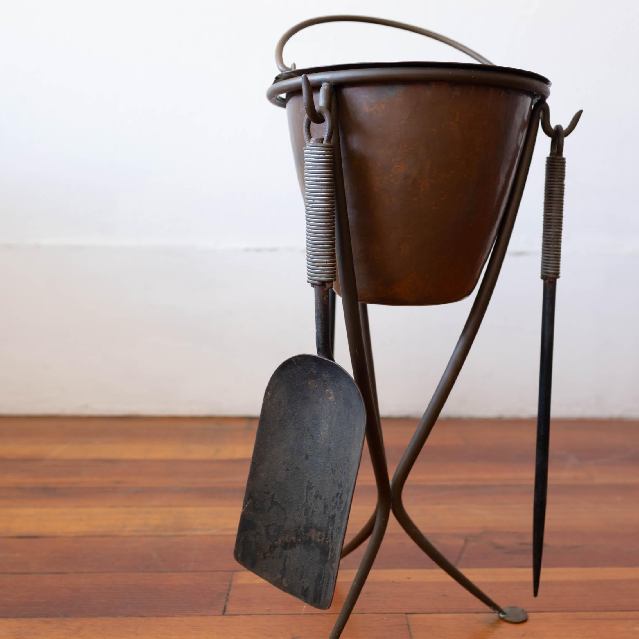 Modernist Bronze Fireplace Tool Set with Hand Hammered Ash Bucket 4