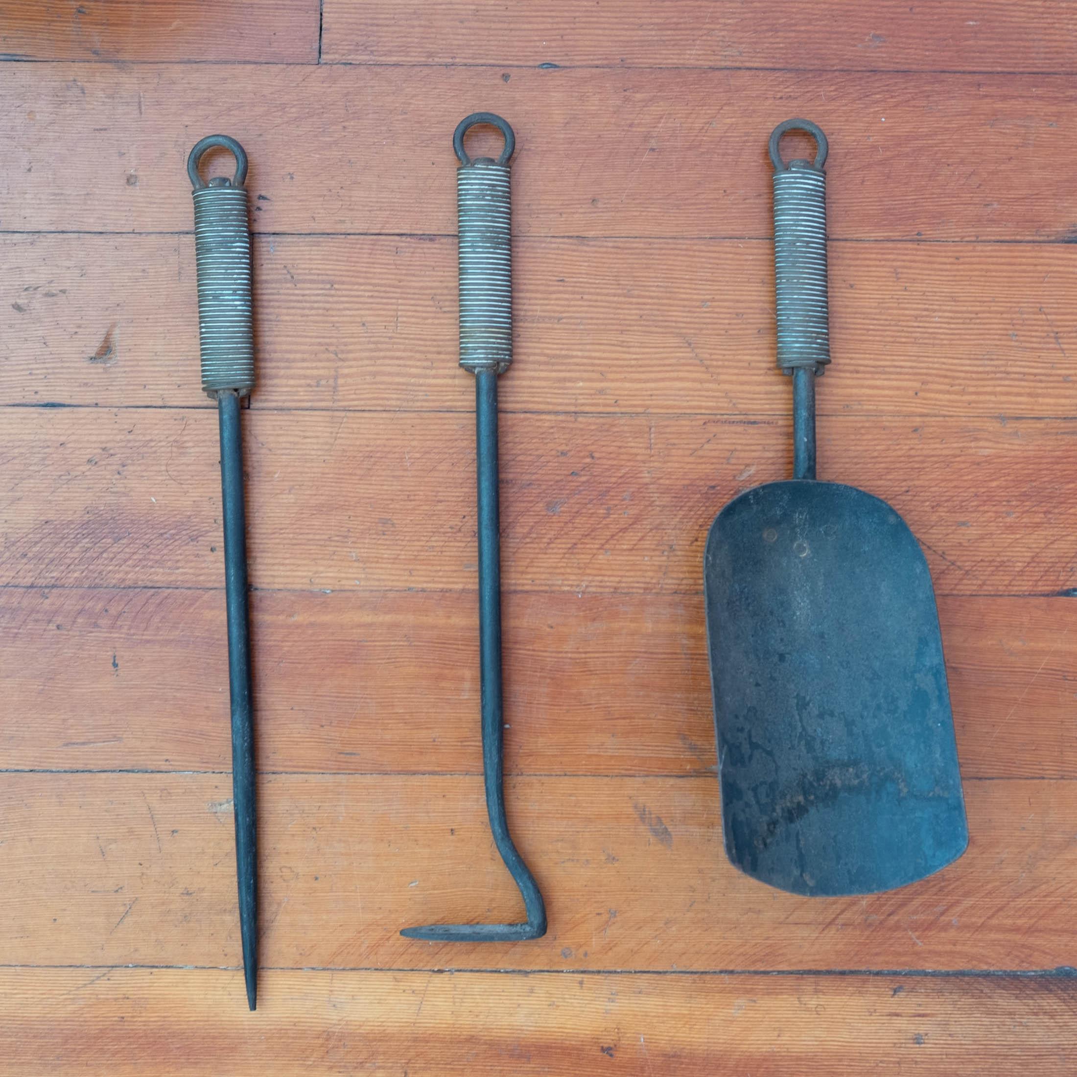 Modernist Bronze Fireplace Tool Set with Hand Hammered Ash Bucket 6
